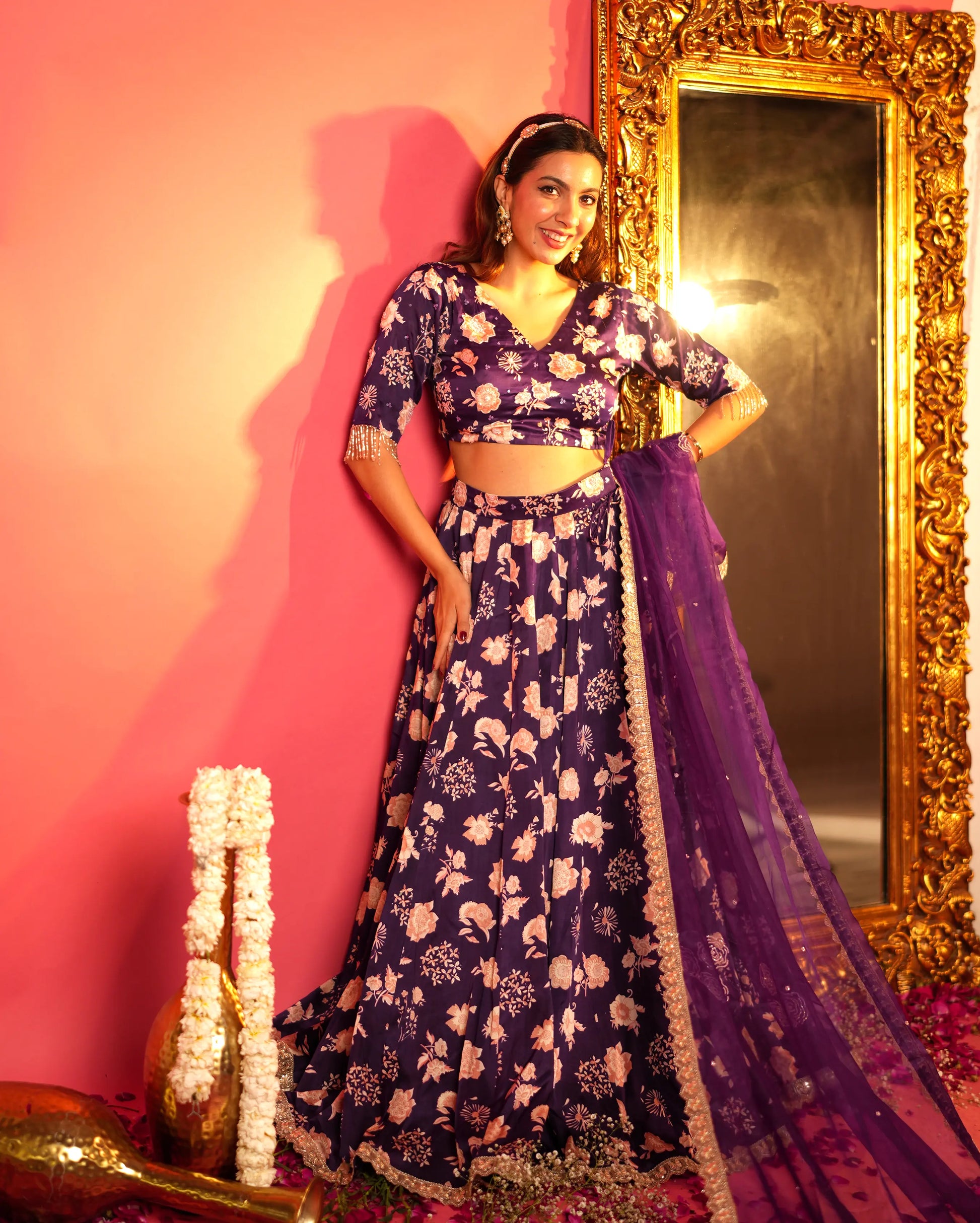 Nandani Purple Printed Satin Lehenga Set My Store