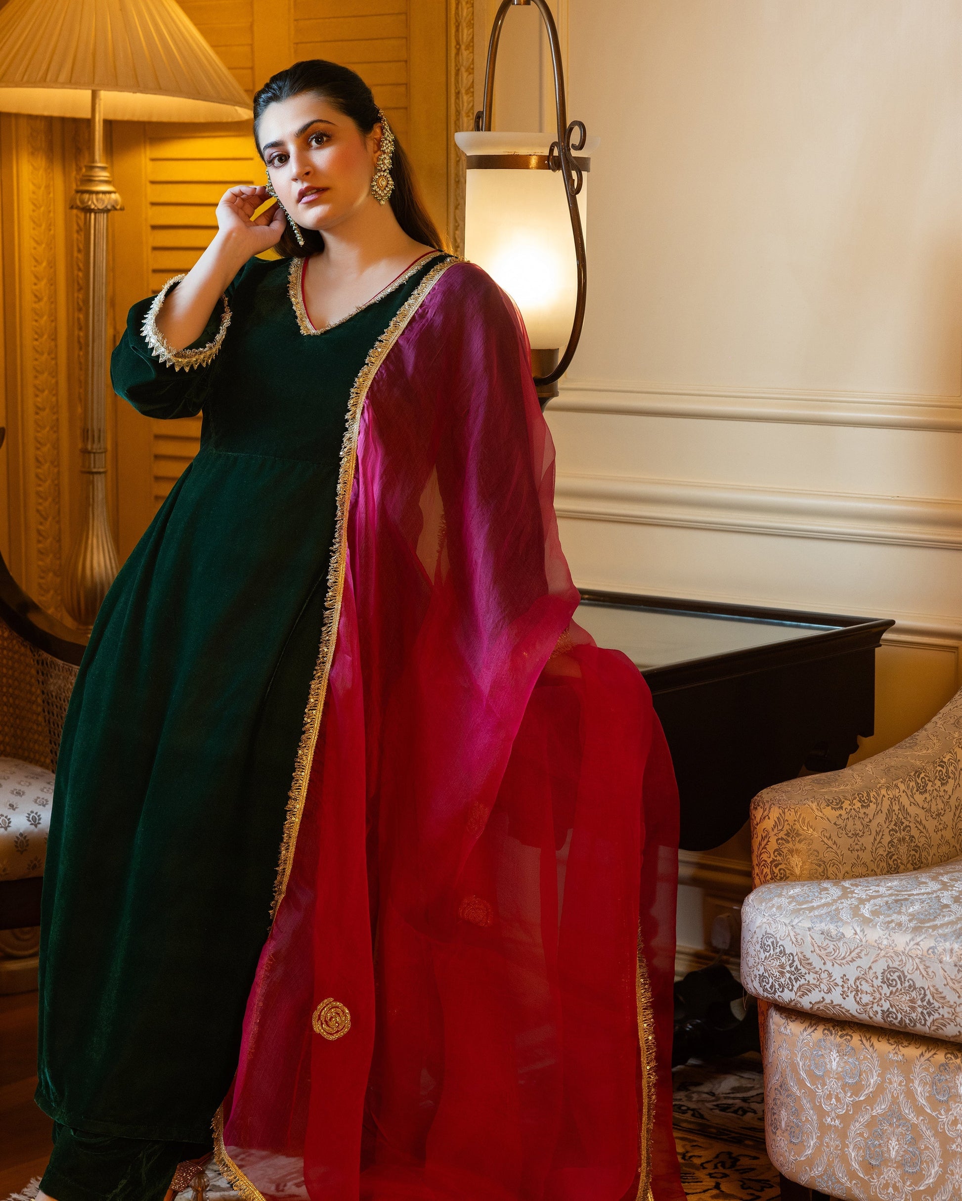 Nargis Green Solid Velvet Suit Set My Store