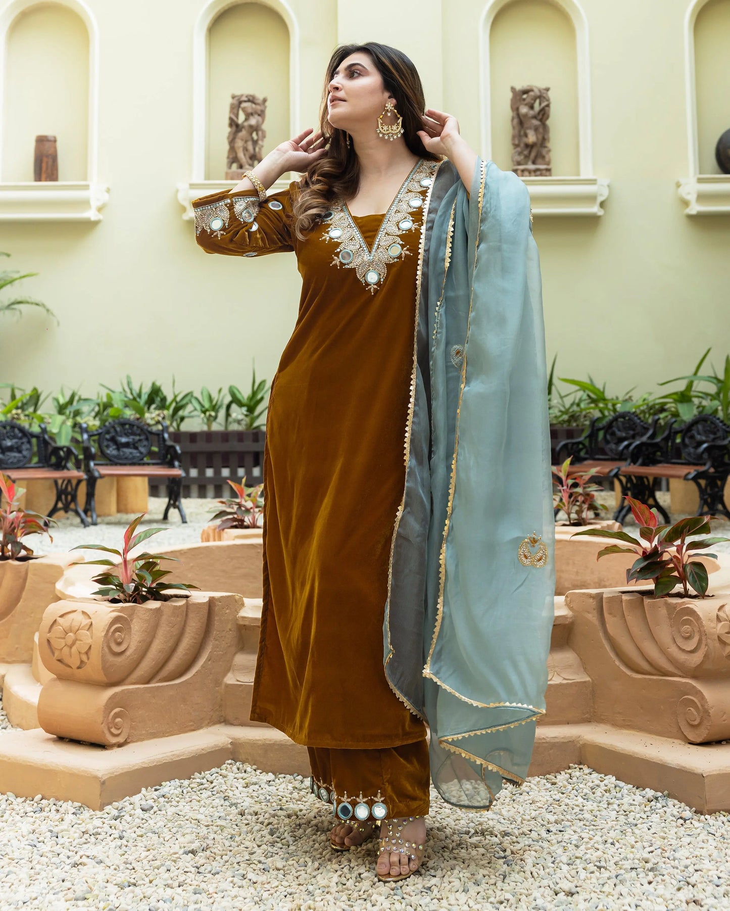 Khardali Mustard Embroidered Velvet Suit Set My Store