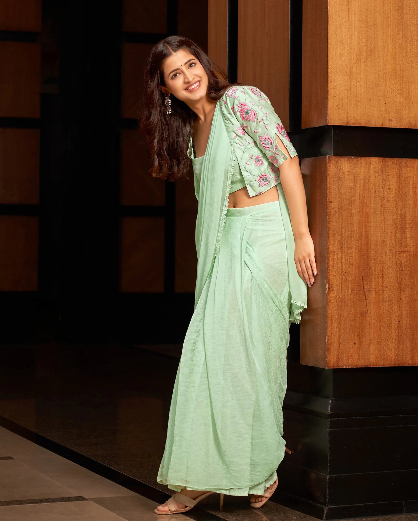 Sajag Mint Green Embroidered Chinon Pre Draped Saree My Store
