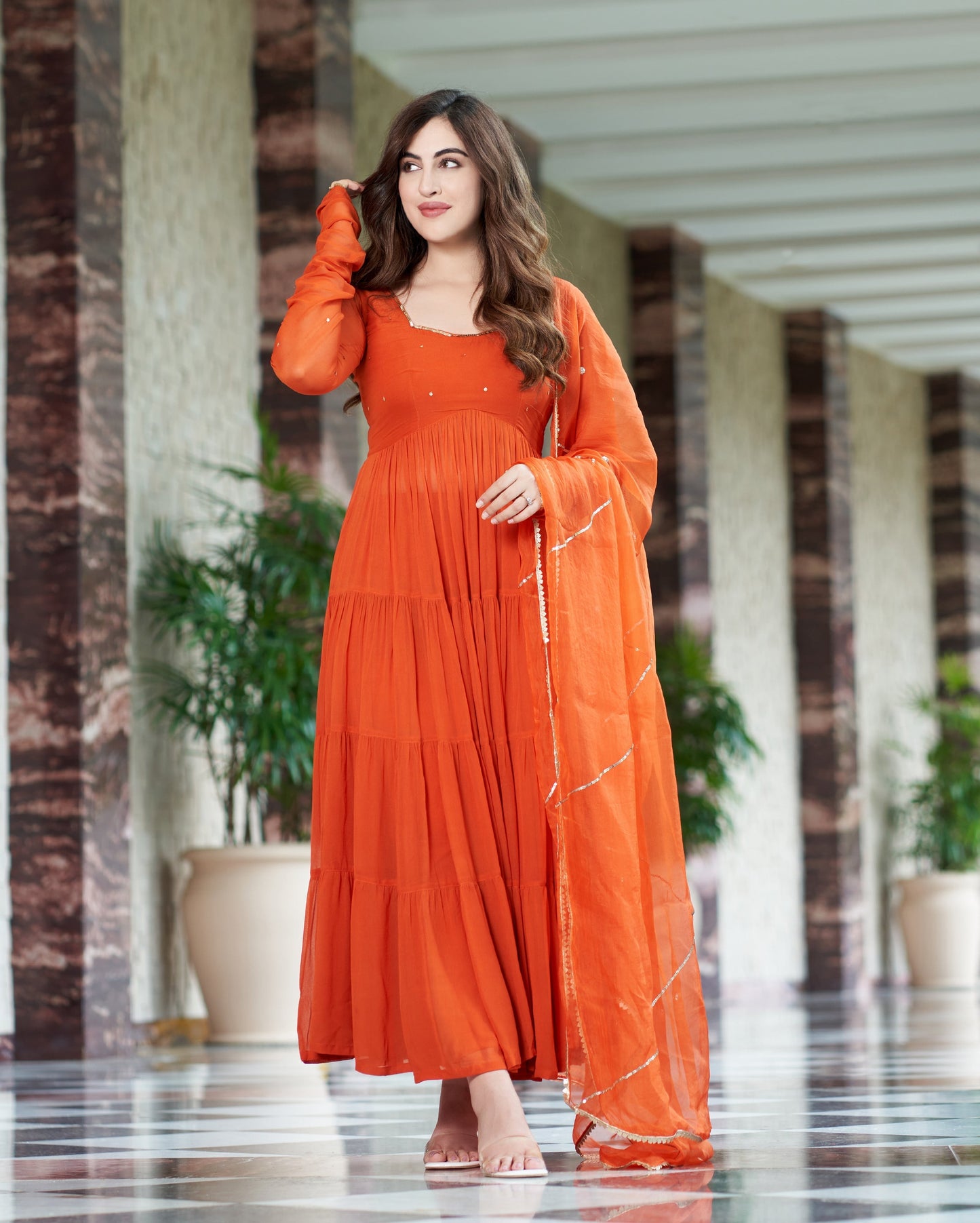 Rachna Orange Embroidered Georgette Suit Set Quick Cart