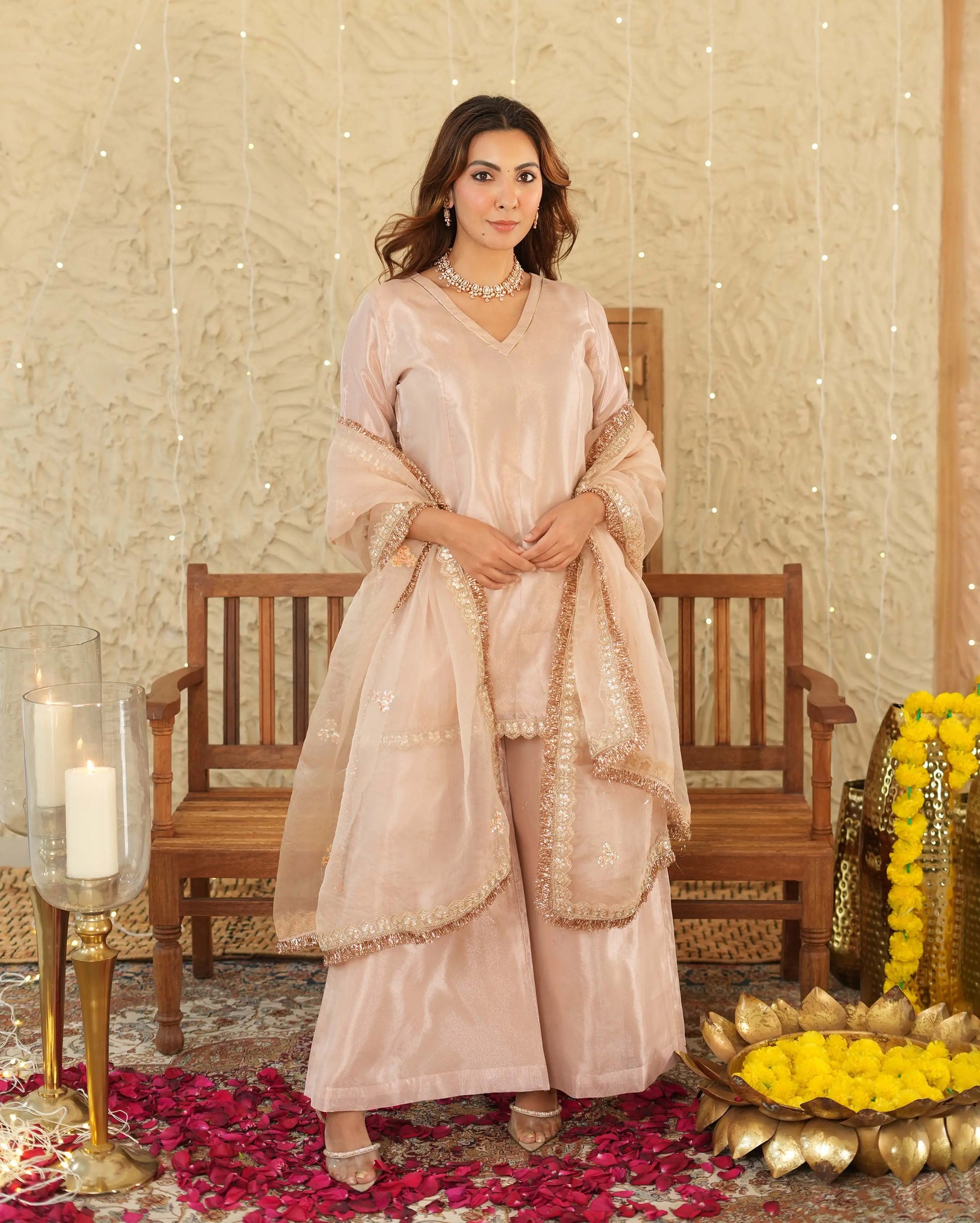 Pataka Beige Solid Tissue Suit Set My Store