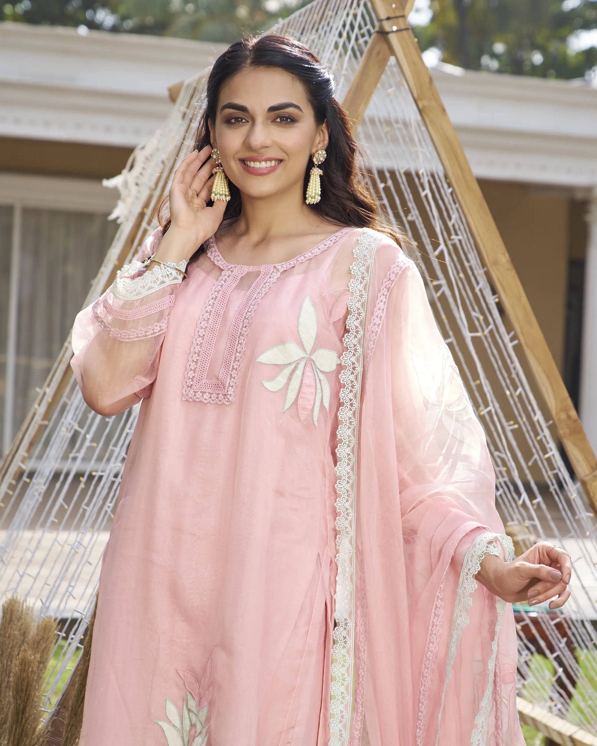 Disha Pink Applique Organza Kurta Set My Store