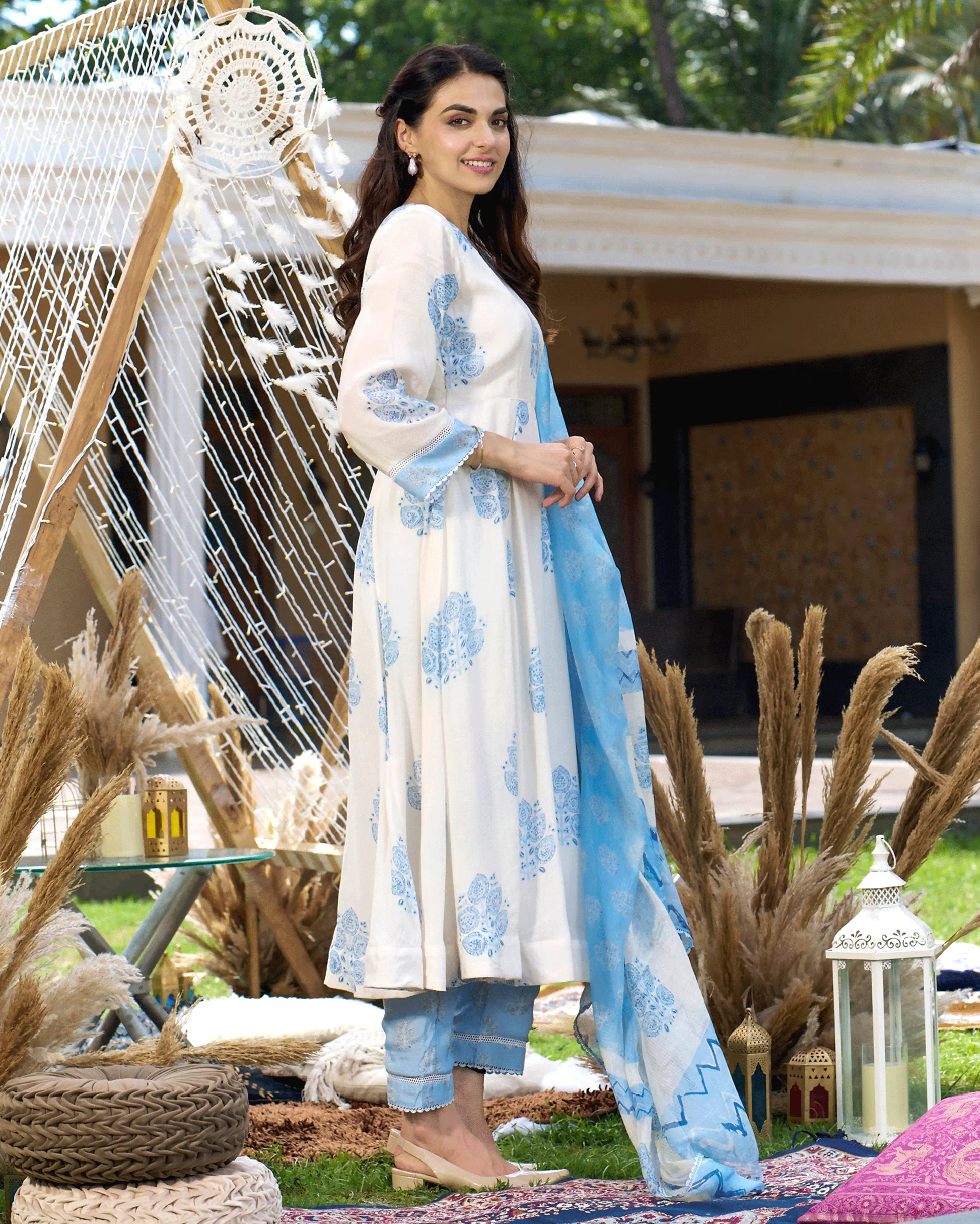 Rudra White Printed Silk Suit Set My Store