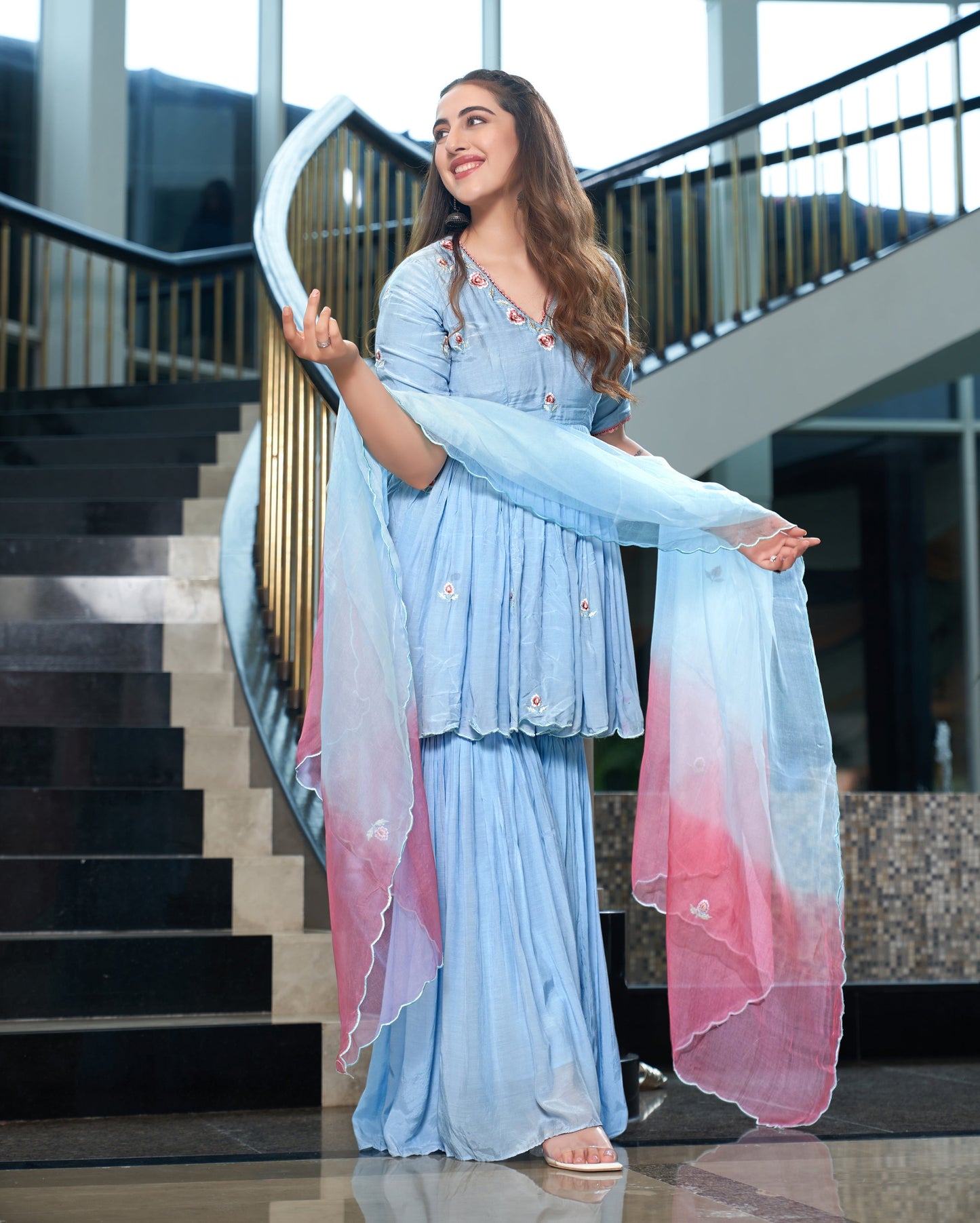 Kaari Pastel Blue Embroidered Muslin Silk Sharara Set Quick Cart