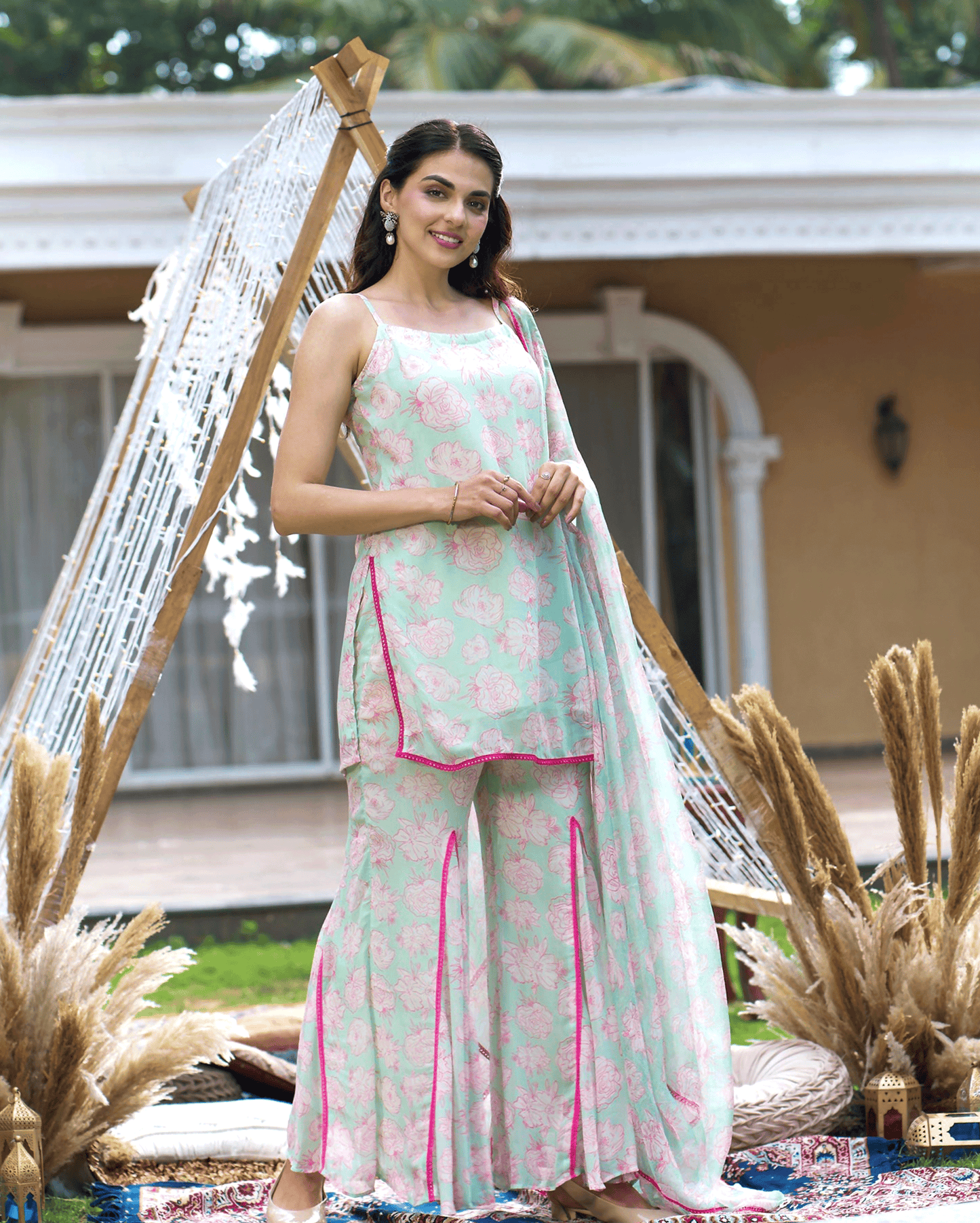 Kinaaz Sea Green Printed Georgette Sharara Set My Store