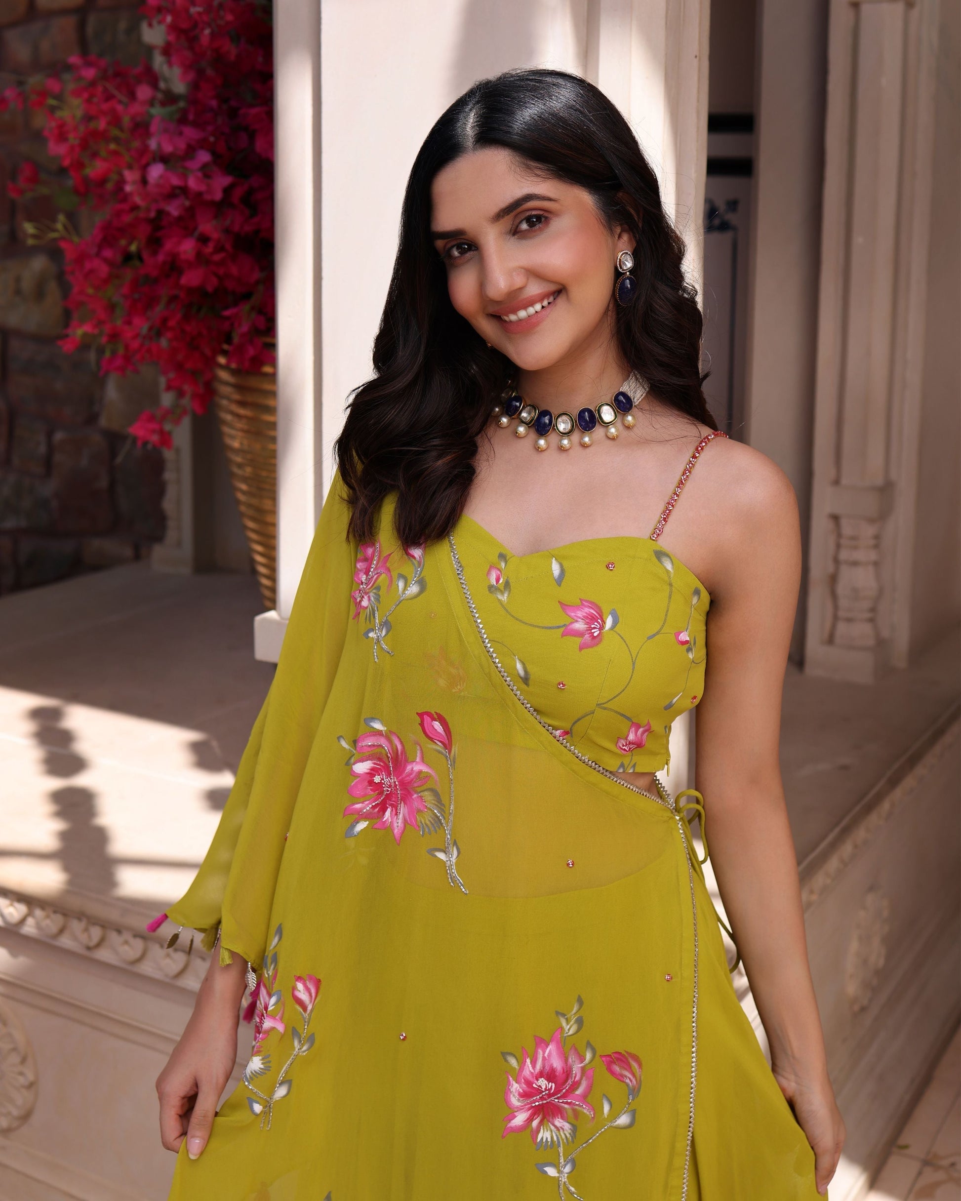 Cyber Lime Floral Handpainted Georgette Fusion Wear Quick Cart