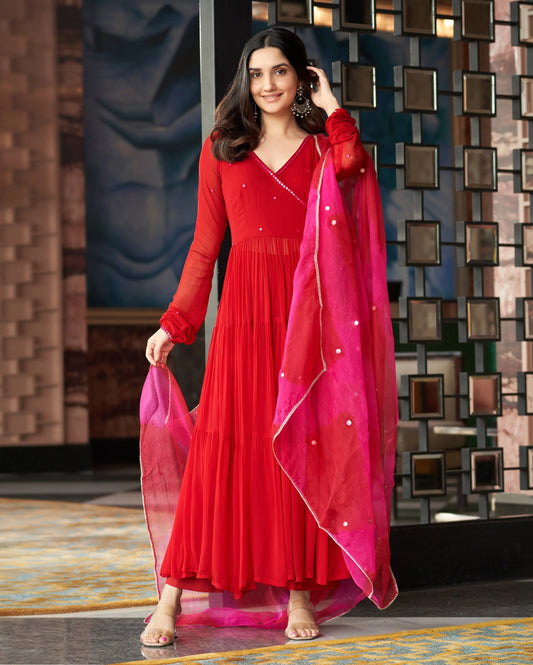 Rajni Red Embroidered Georgette Suit Set My Store