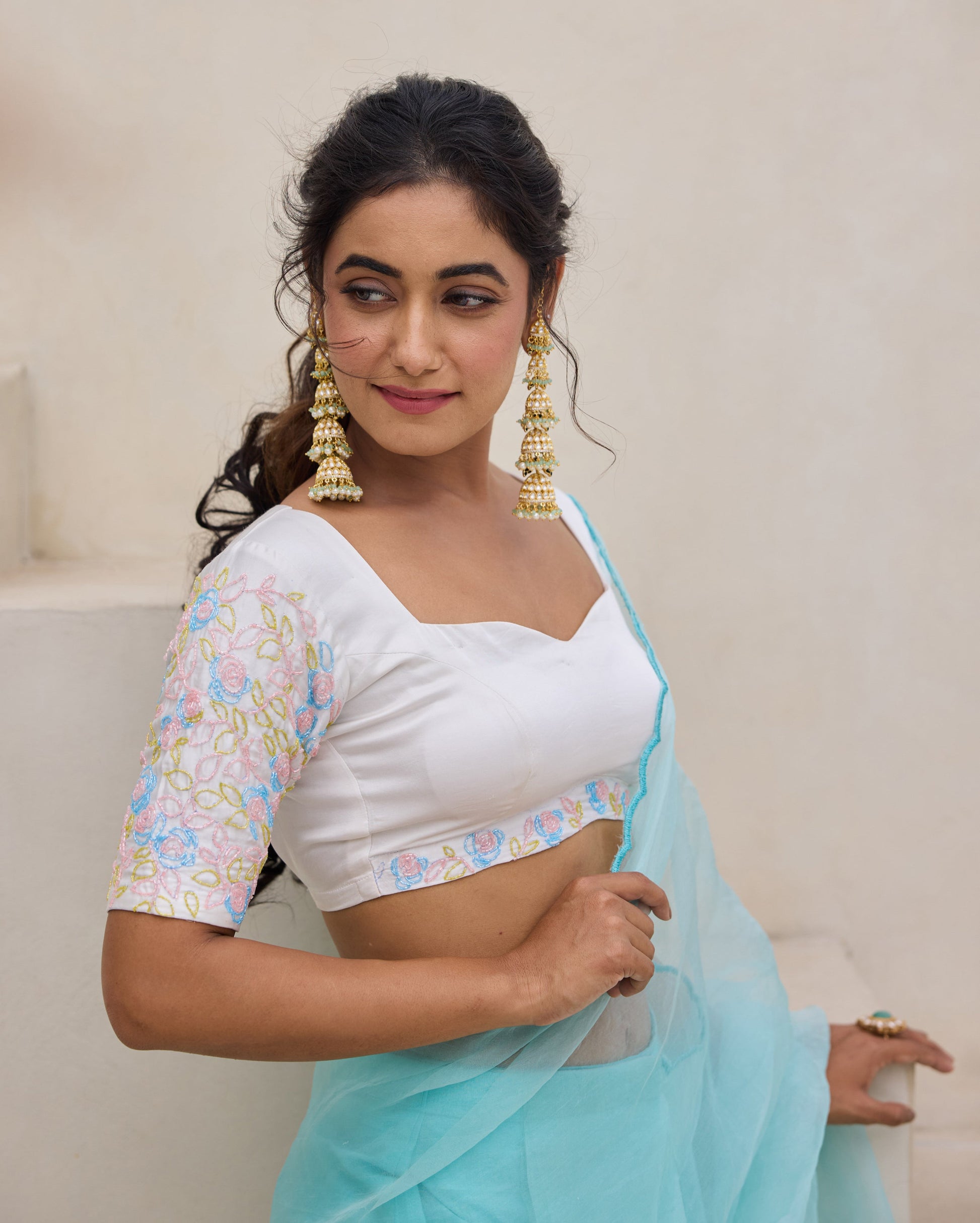 Meadow Whisper White Chanderi Embroidered Blouse My Store