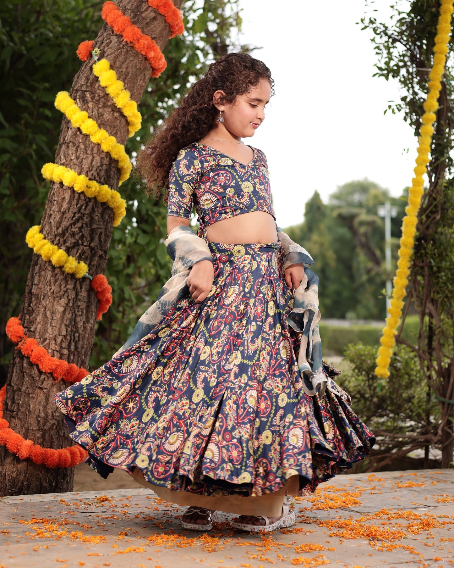 Taffy Blue Printed Embroidered Satin Lehenga Set My Store