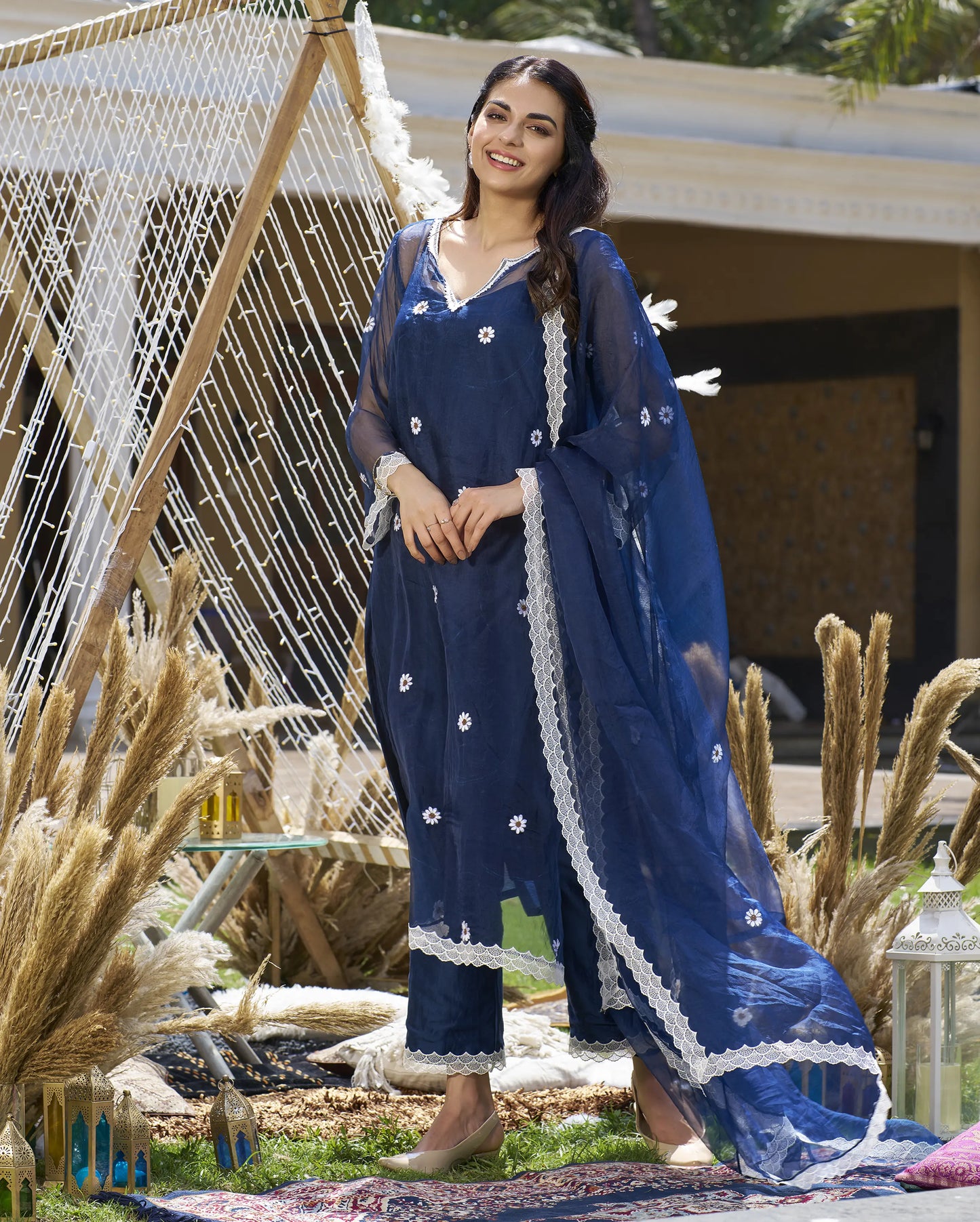 Raffia Blue Embroidered Organza Kurta Set My Store