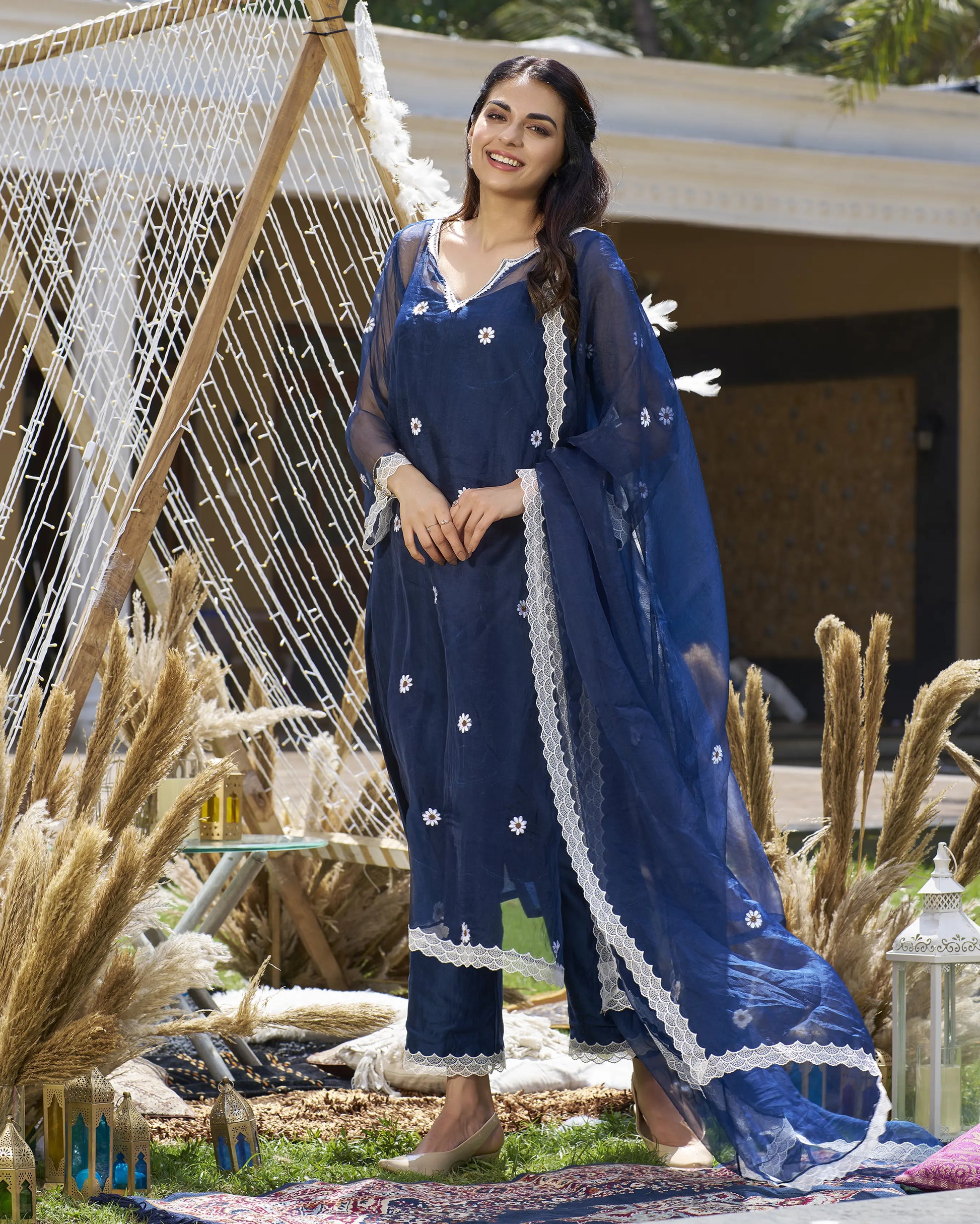 Raffia Blue Embroidered Organza Kurta Set My Store