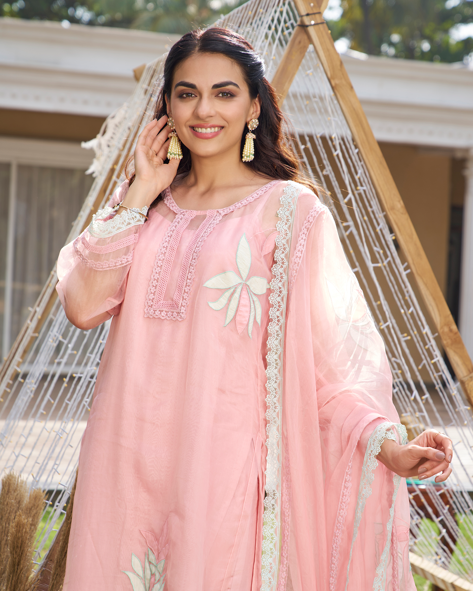 Disha Pink Applique Organza Kurta Set Quick Cart