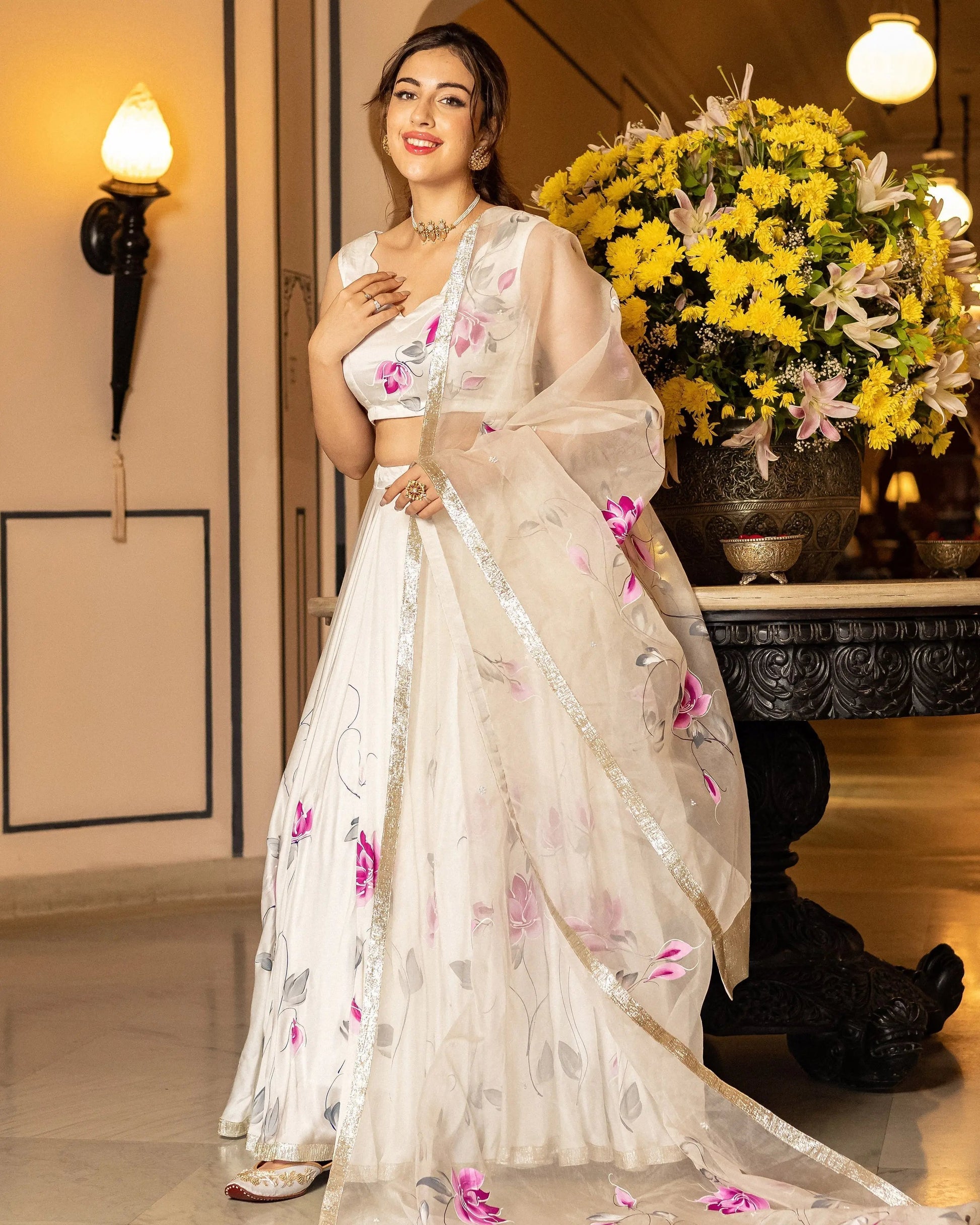 Sefid Handpainted Lehenga Set My Store