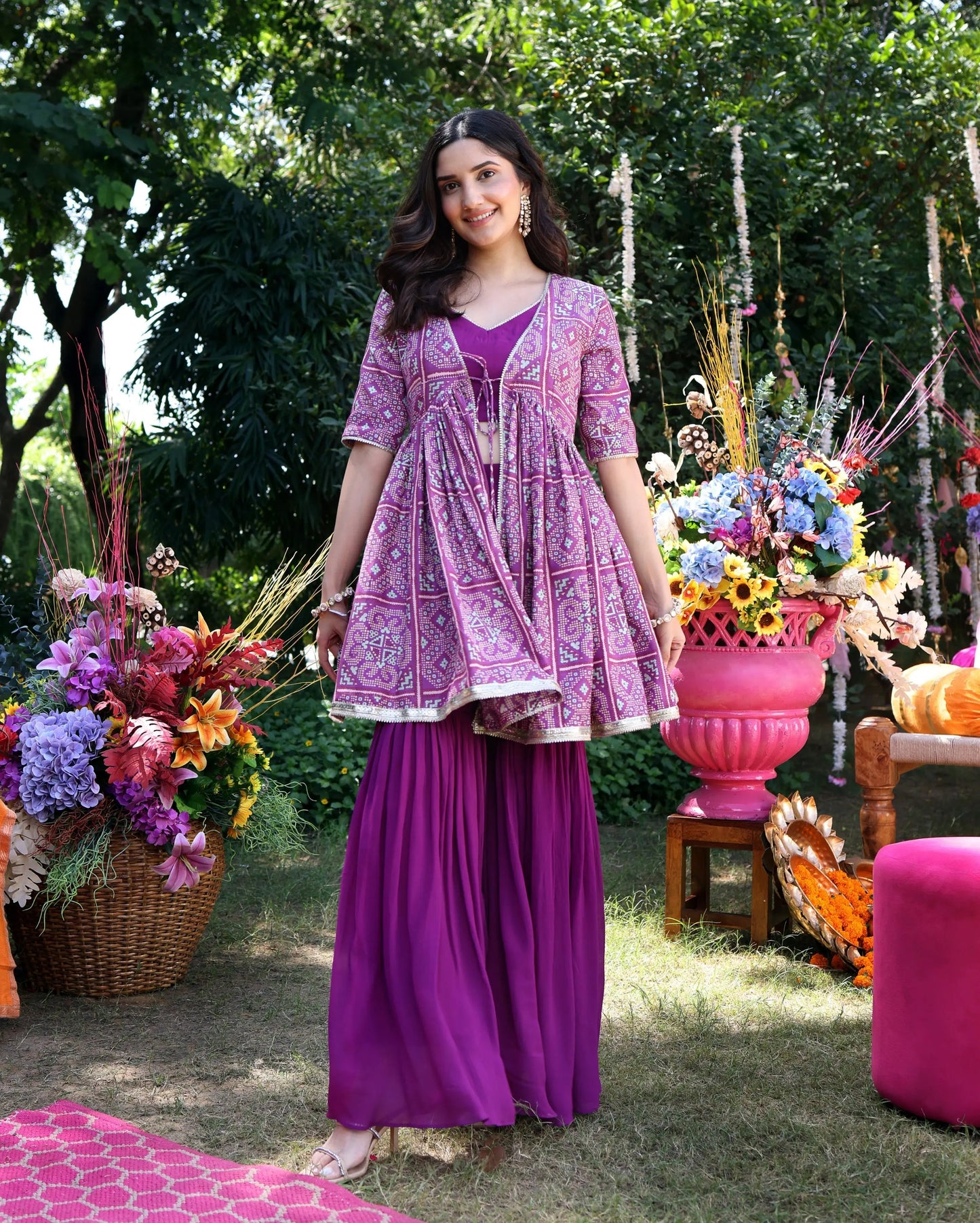 Geometric Purple Elegance Printed Satin Sharara Set My Store