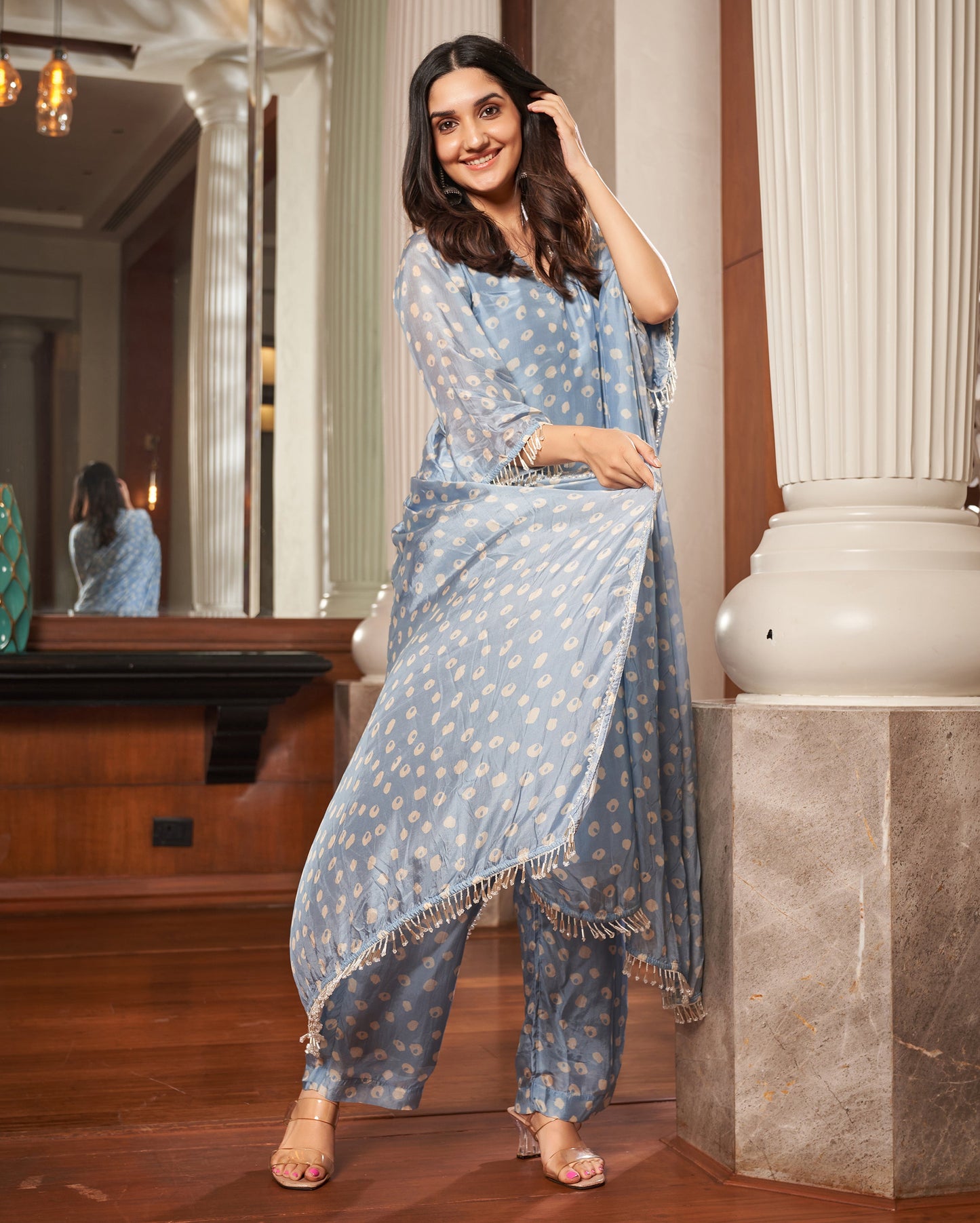 Tarang Pastel Blue Bandhani Silk Suit Set Quick Cart