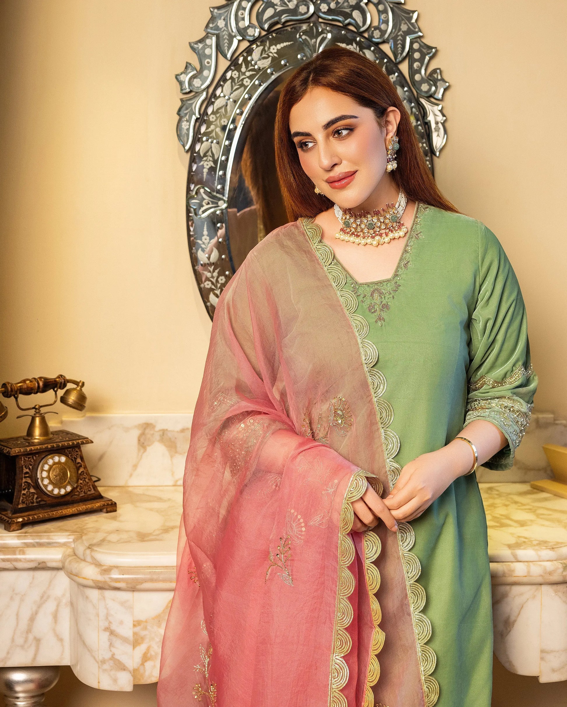 Taskin Sage Embroidered Velvet Suit Set My Store