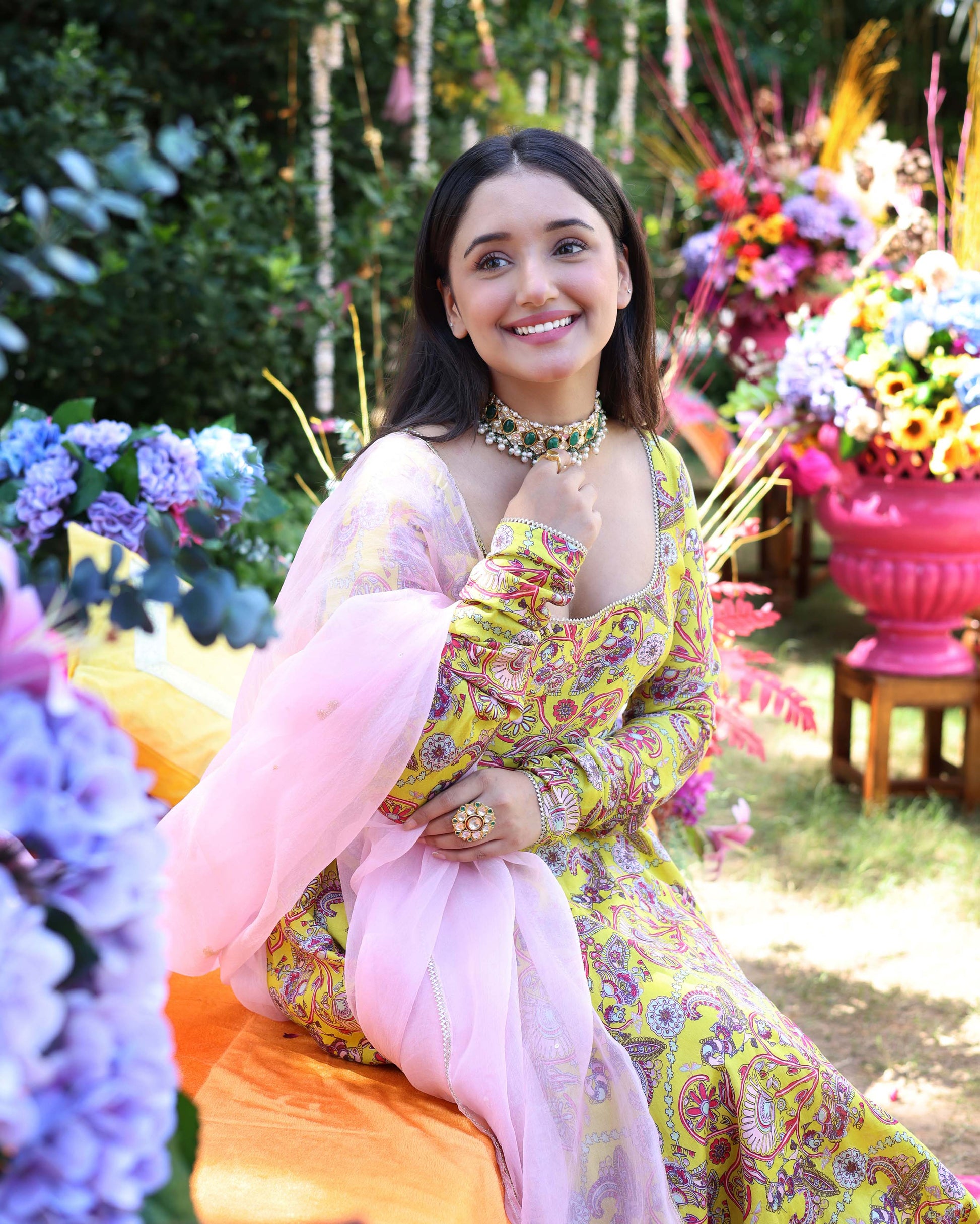 Sunglow Yellow Printed Chanderi Suit Set Quick Cart