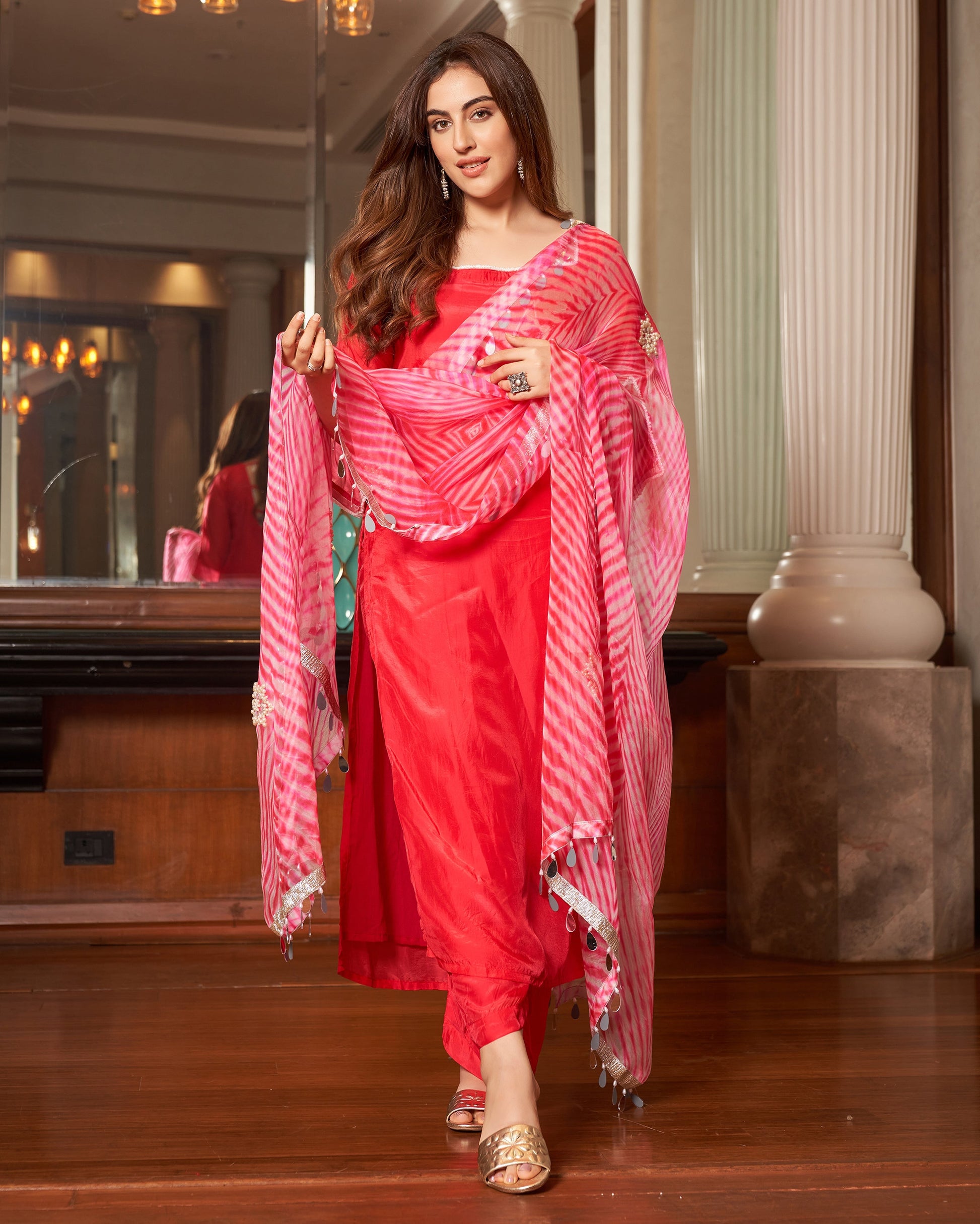 Krushi Pink Leheriya Silk Suit Set Quick Cart