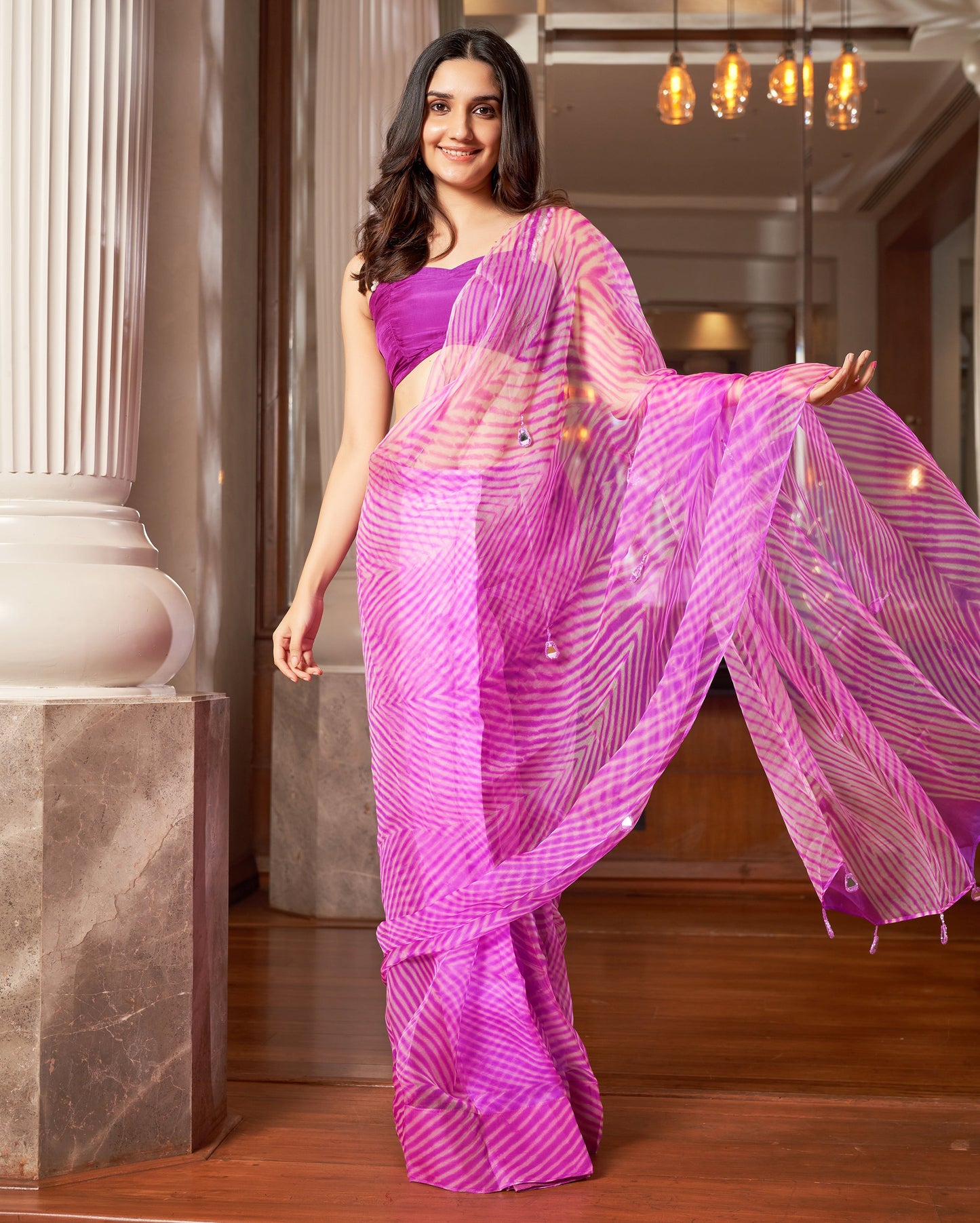 Varaha Purple Leheriya Organza Pre Draped Saree Quick Cart