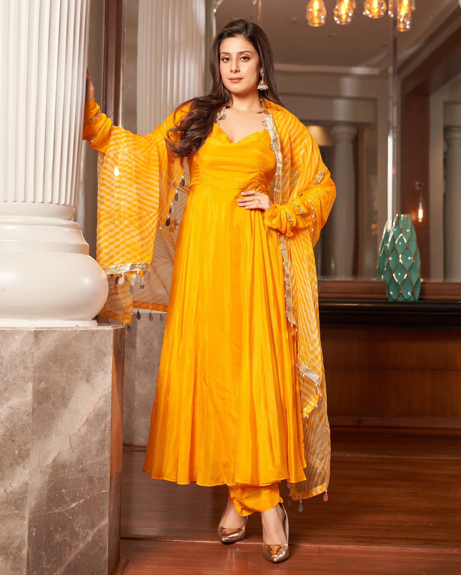 Avittam Mustard Yellow Leheriya Silk Suit Set Quick Cart