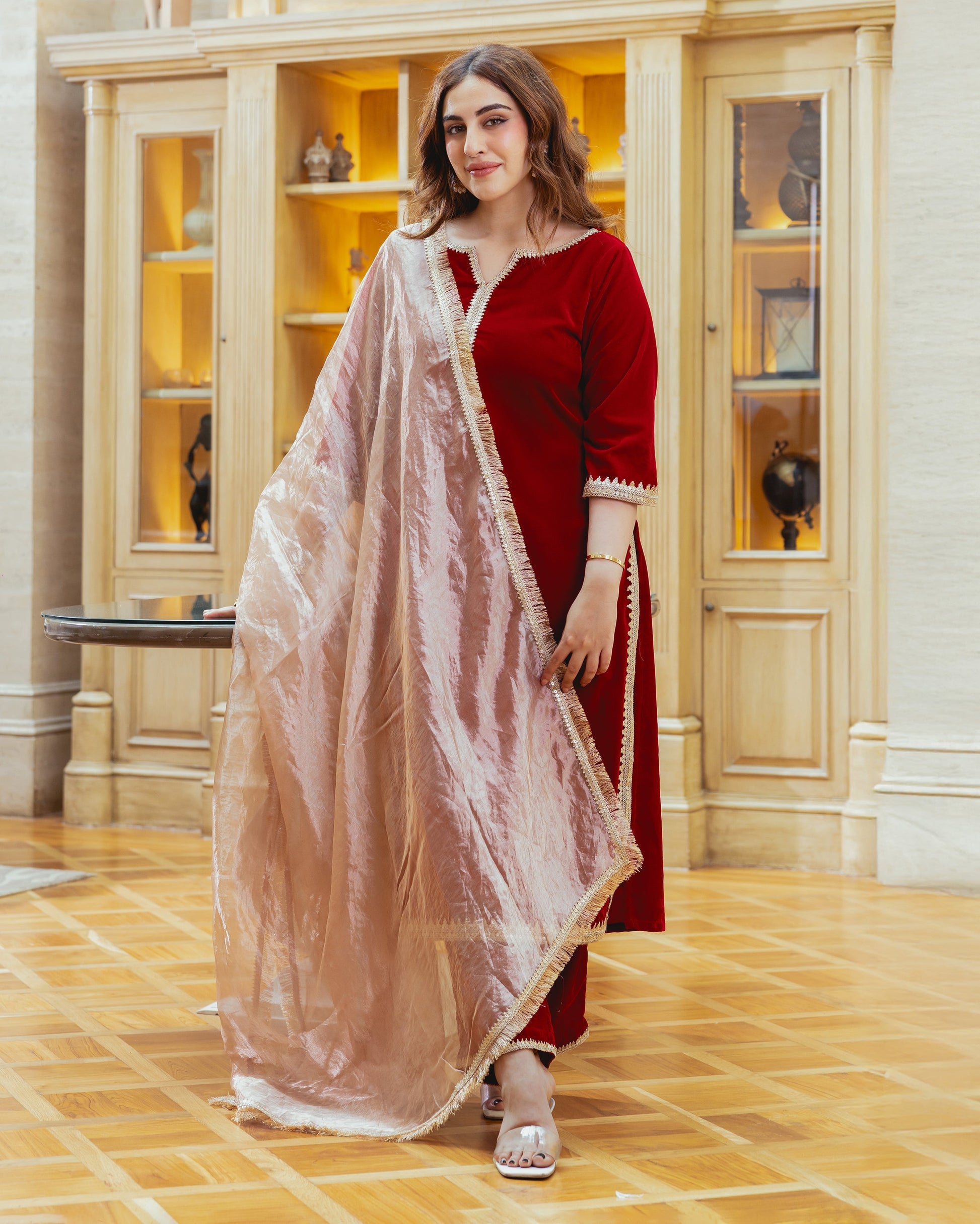 Raha Red Solid Velvet Suit Set My Store