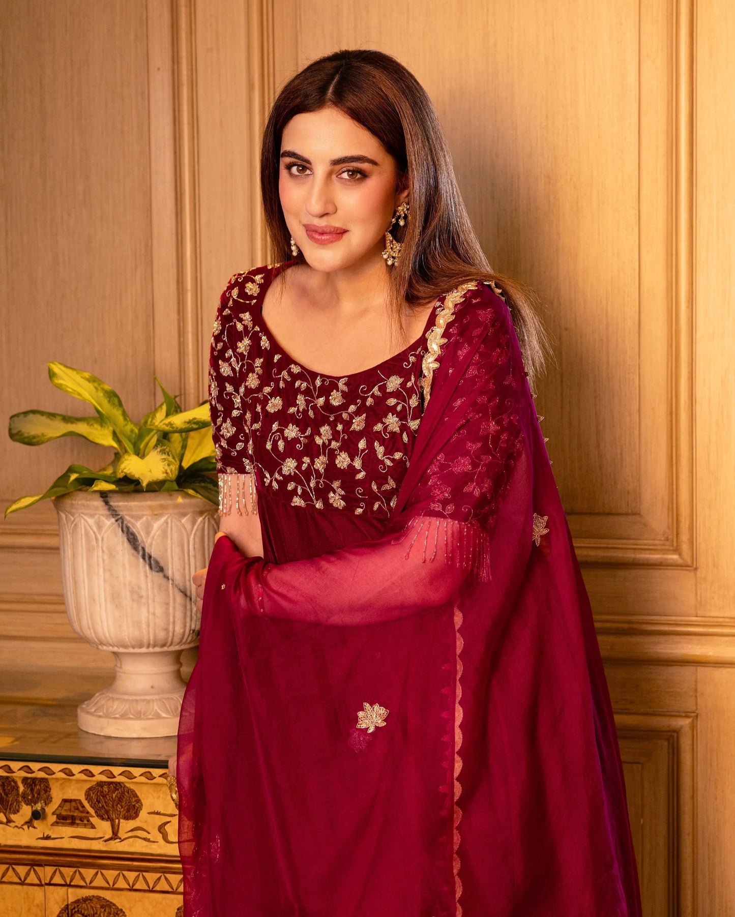 Nargi Wine Embroidered Velvet Suit Set My Store