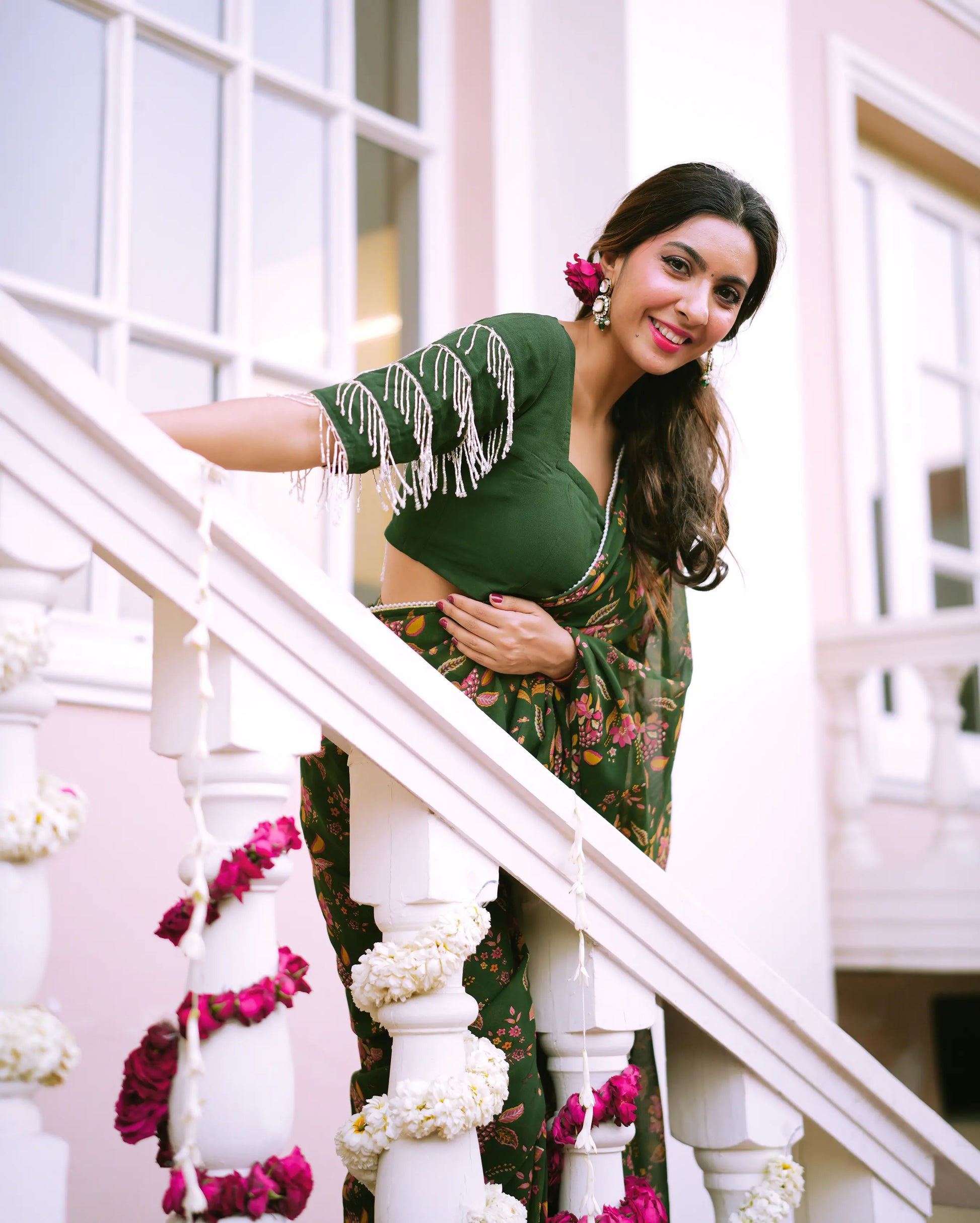 Kusum Green Printed Georgette Pre-draped Saree My Store