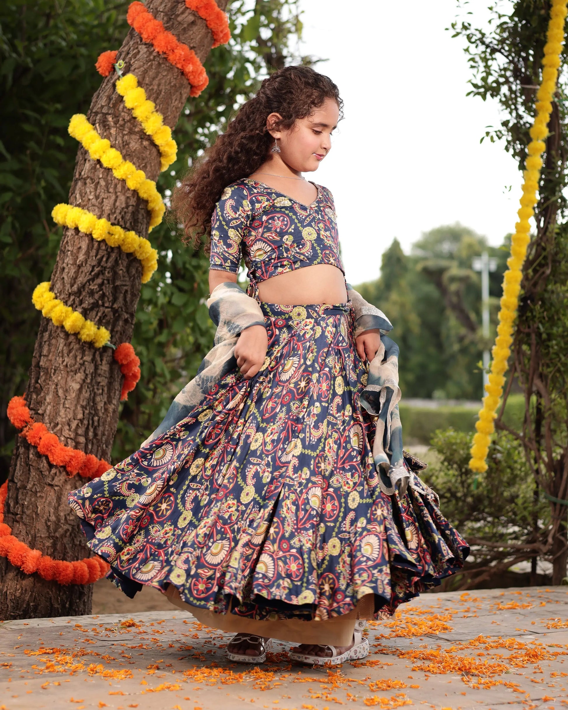 Taffy Blue Printed Embroidered Satin Lehenga Set My Store