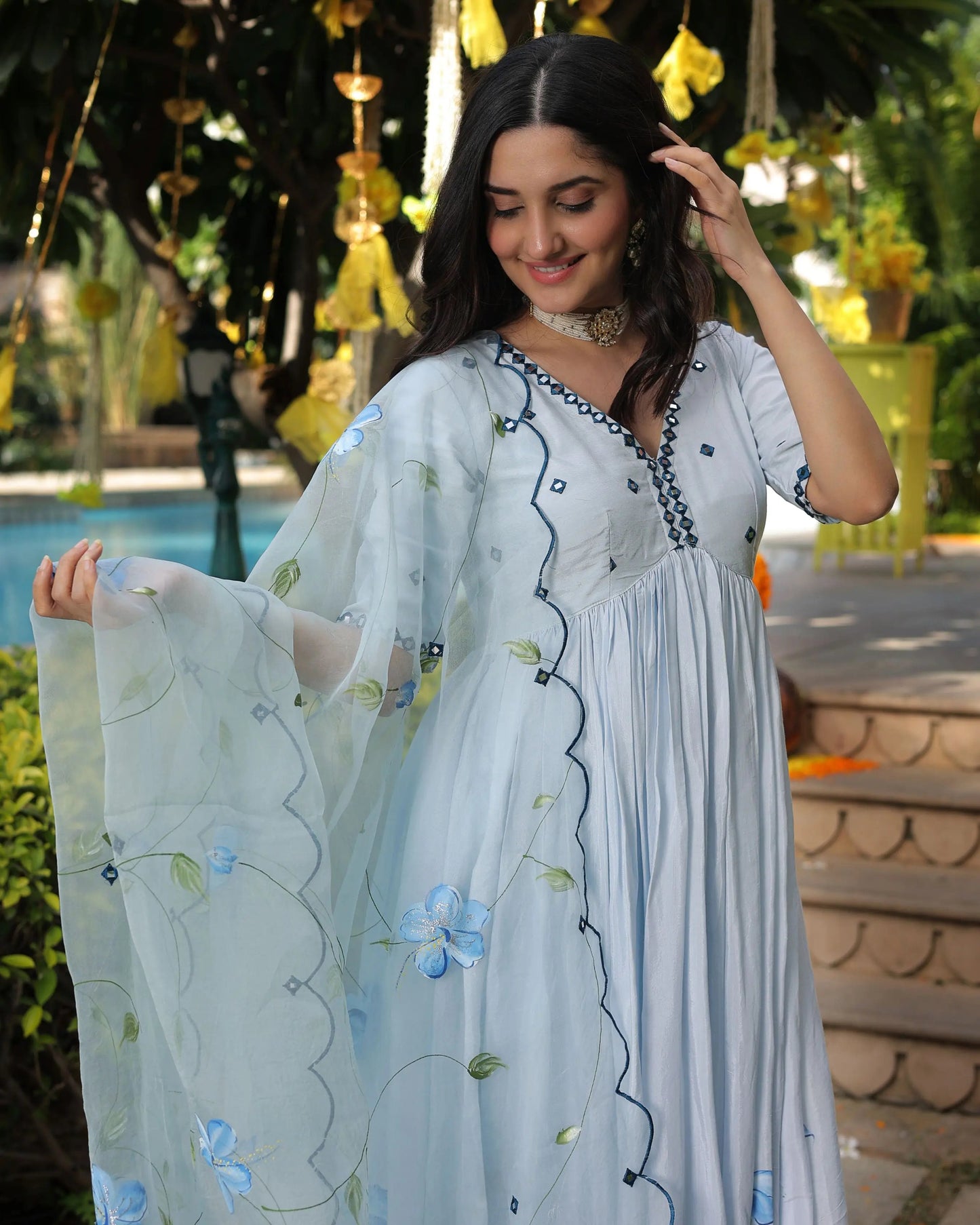 Blue Blossom Handpainted Cotton Silk Suit Set My Store