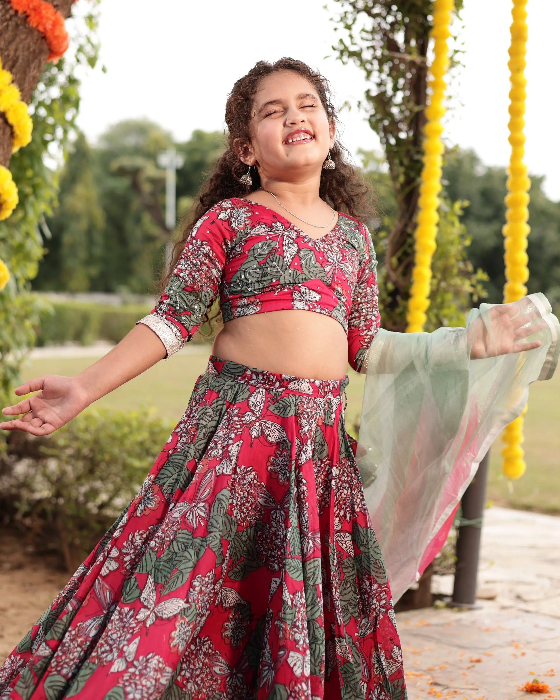 Frolic Red Printed Chanderi Lehenga Set My Store