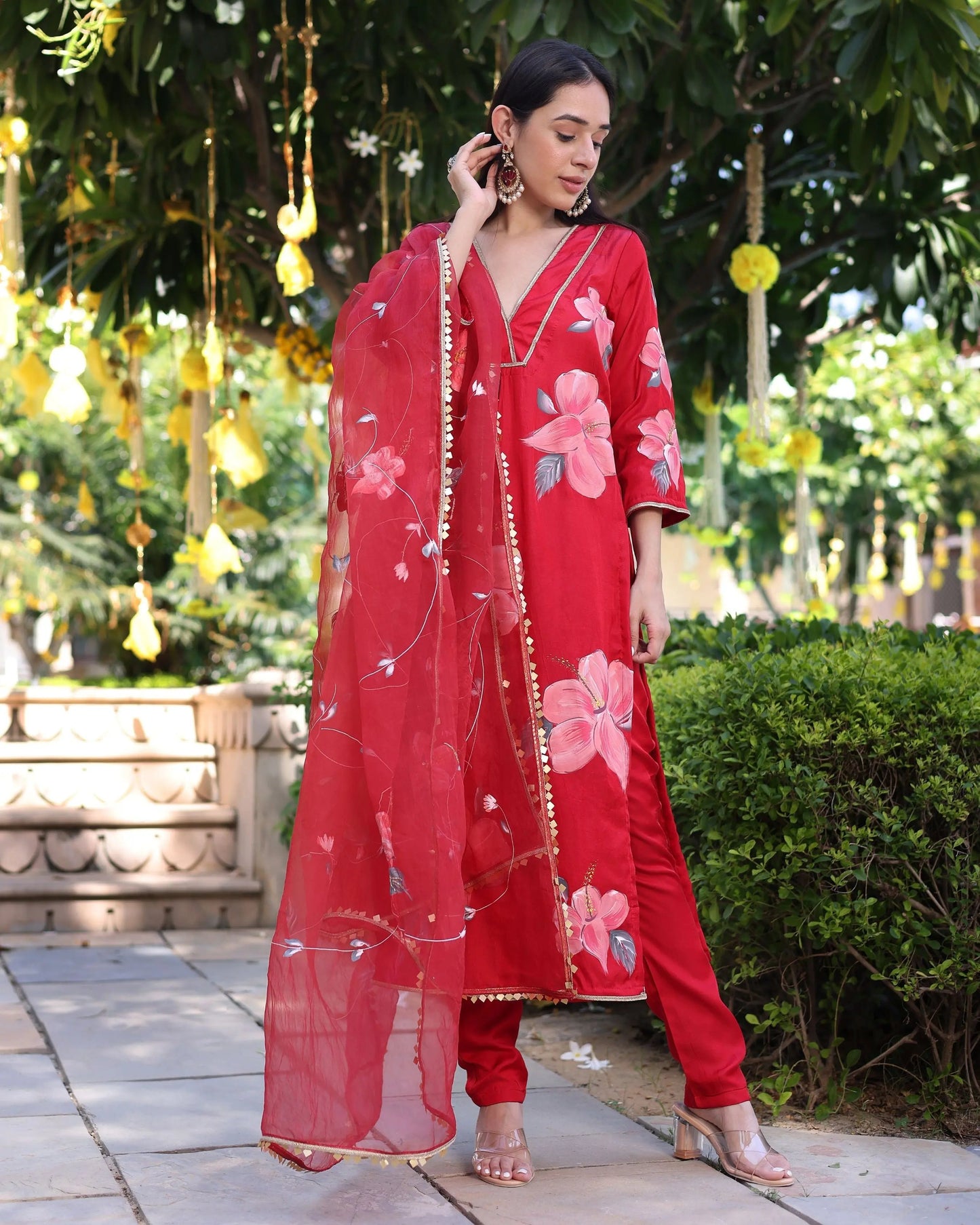 Raspberry Blush Red Handpainted Satin Suit Set My Store