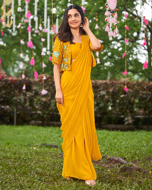 Uday Mustard Yellow Embroidered Chinon Pre Draped Saree My Store