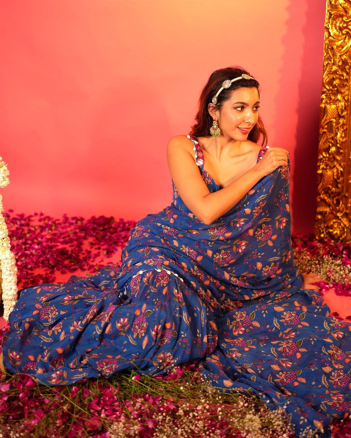 Shruti Blue Printed Chinon Pre-draped Saree My Store