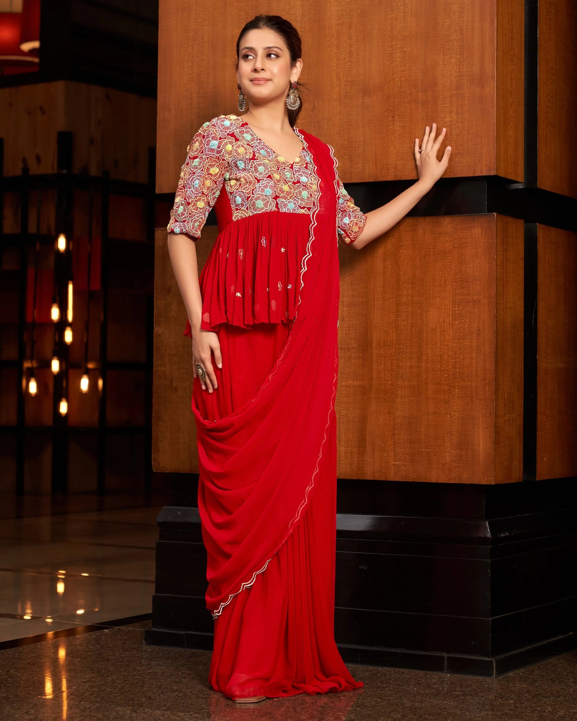 Phool Red Embroidered Georgette Pre Draped Saree My Store