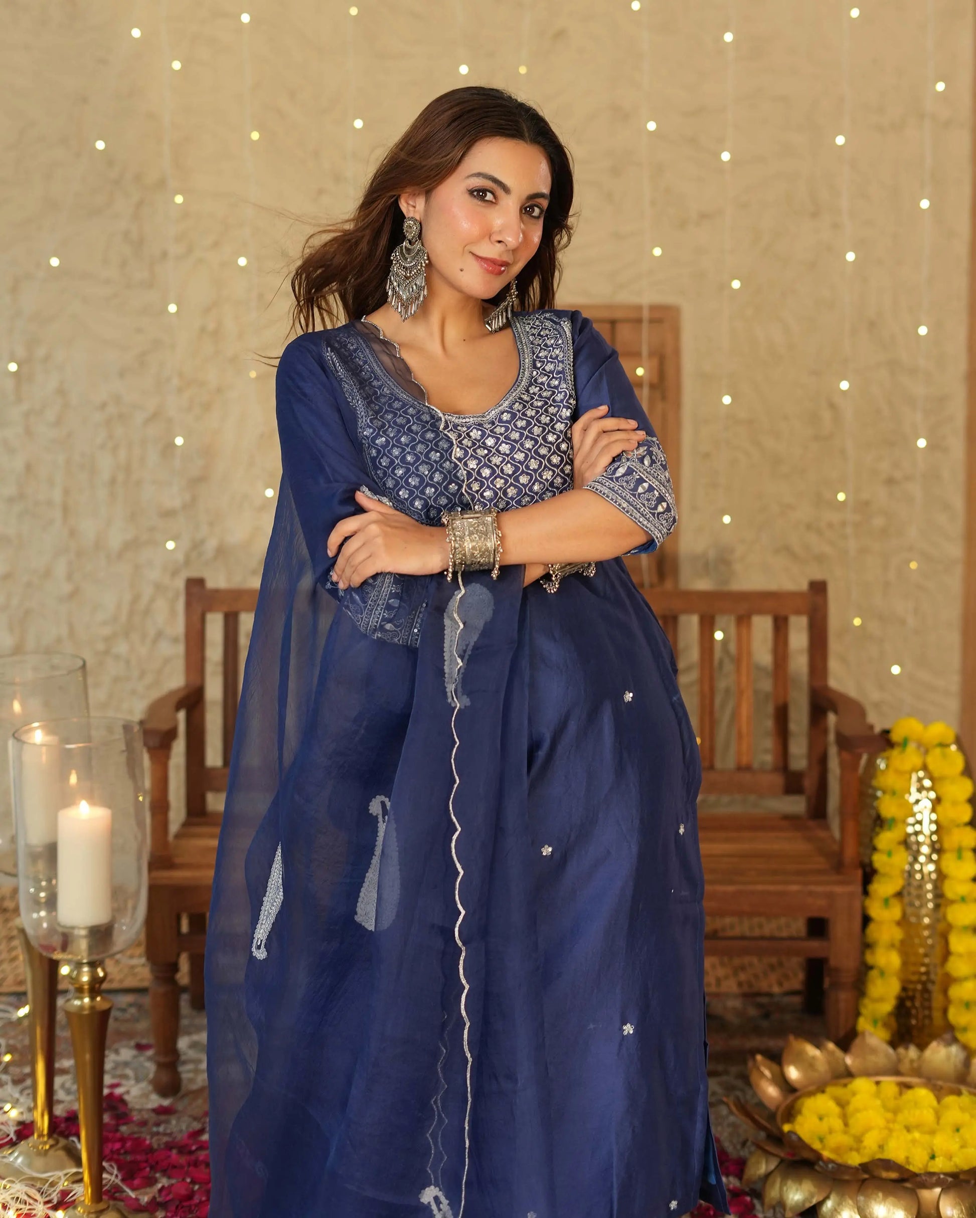 Tejaswi Blue Embroidered Chanderi Suit Set My Store