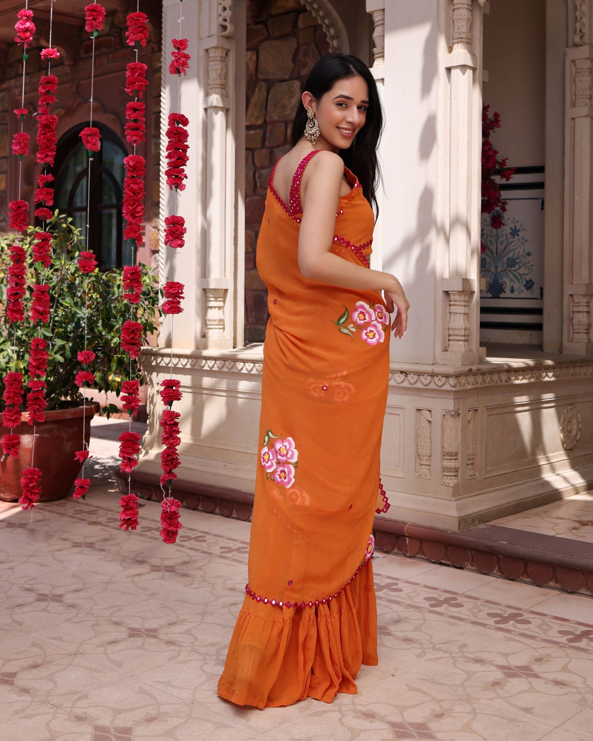 Coral Crush Orange Mirror Work Handpainted Georgette Pre Draped Saree Quick Cart