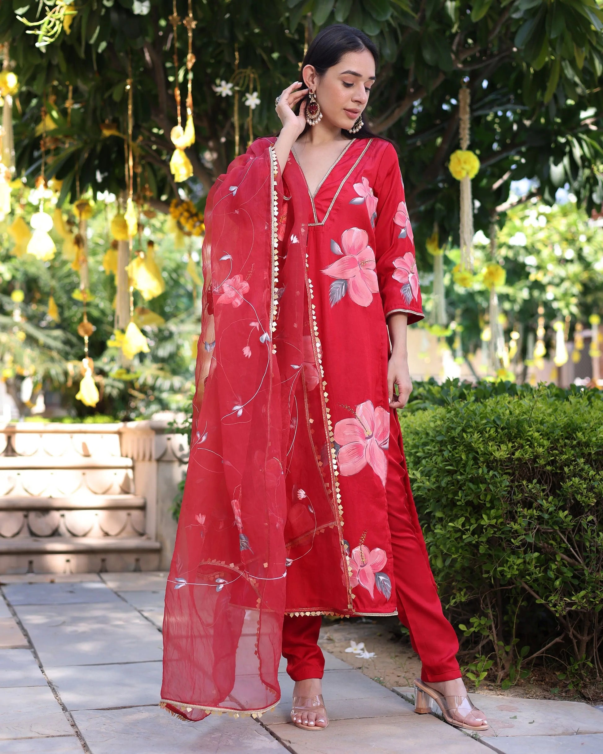 Raspberry Blush Red Handpainted Satin Suit Set My Store