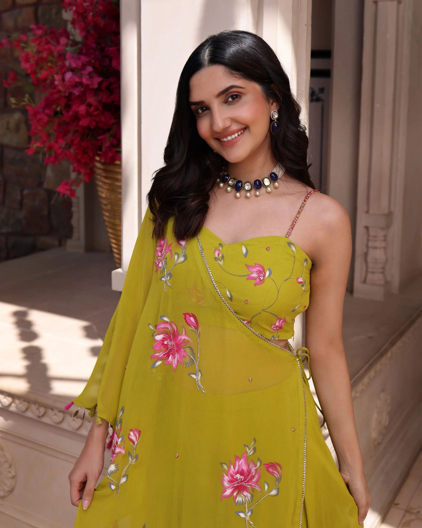 Cyber Lime Floral Handpainted Georgette Fusion Wear My Store