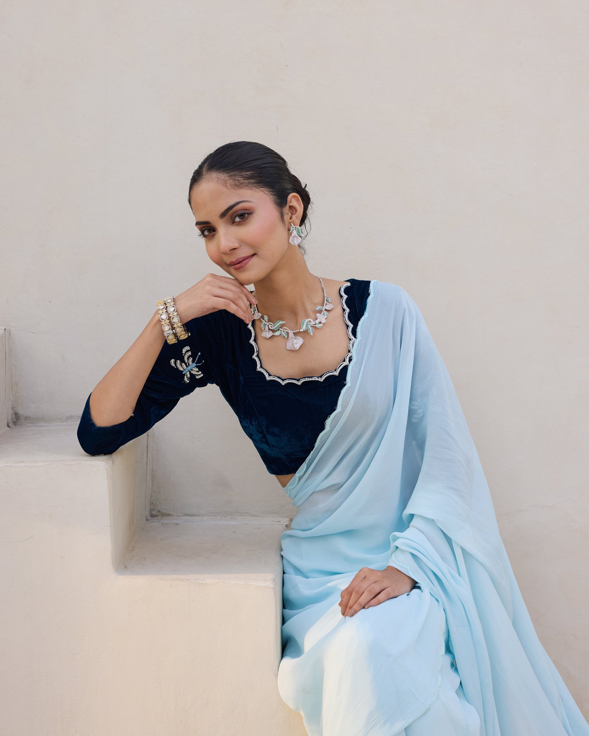 Butterfly Luxe Blue Velvet Embroidered Blouse My Store