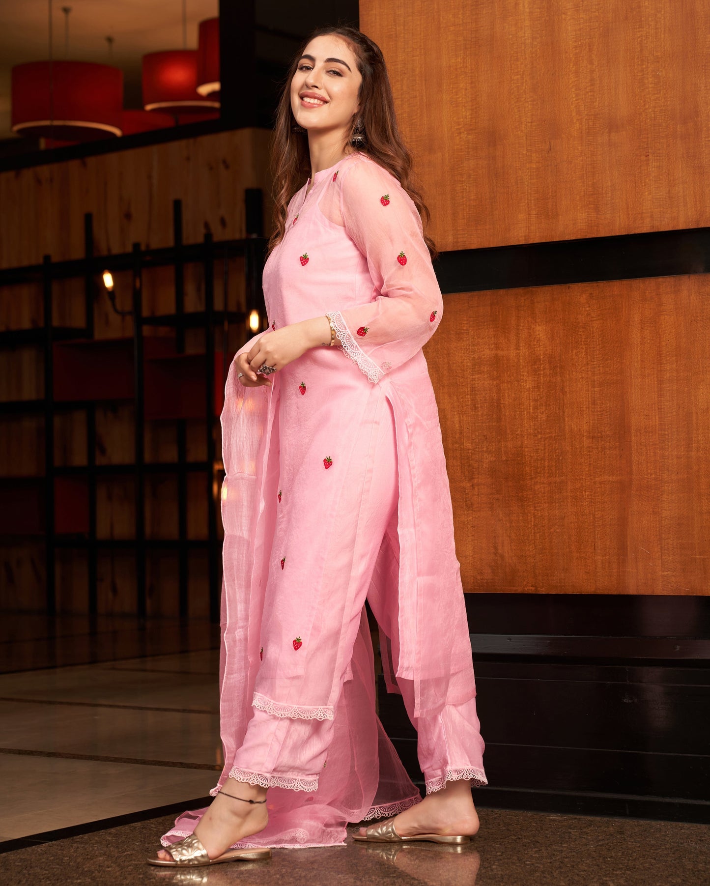 Rangrez Baby Pink Embroidered Organza Suit Set Quick Cart