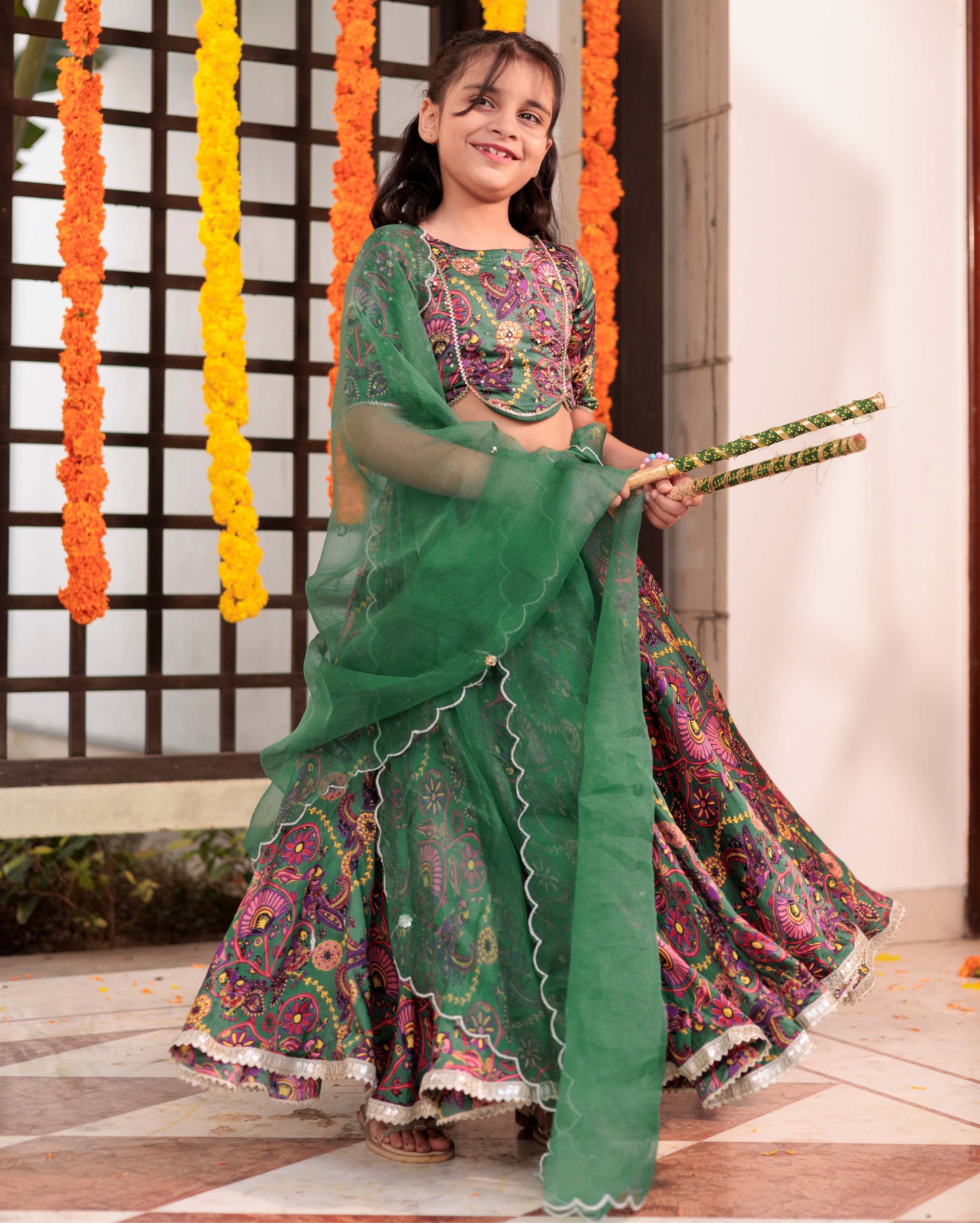 Starry Sprinkle Green Satin Lehenga Set My Store