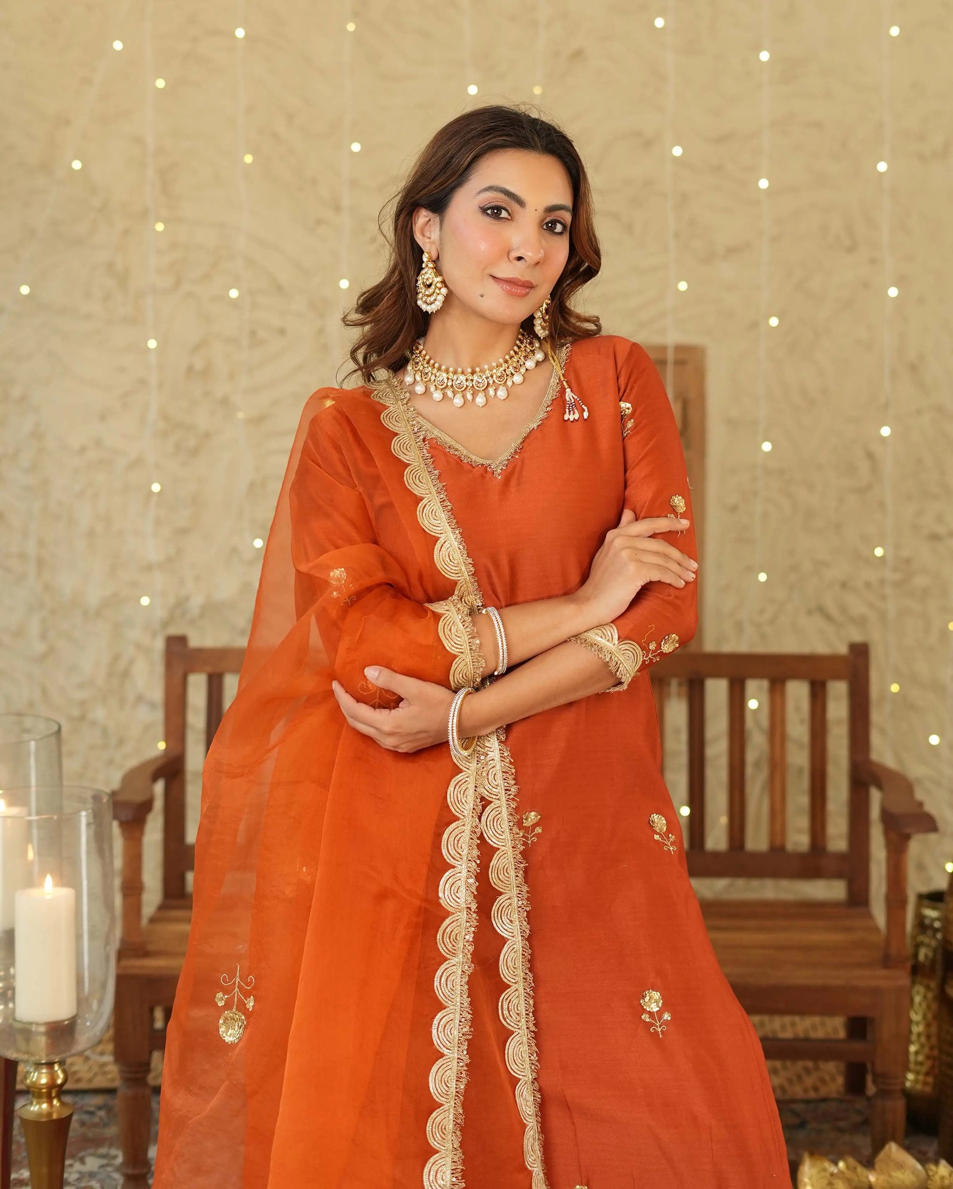 Roshni Orange Embroidered Chanderi Suit Set My Store