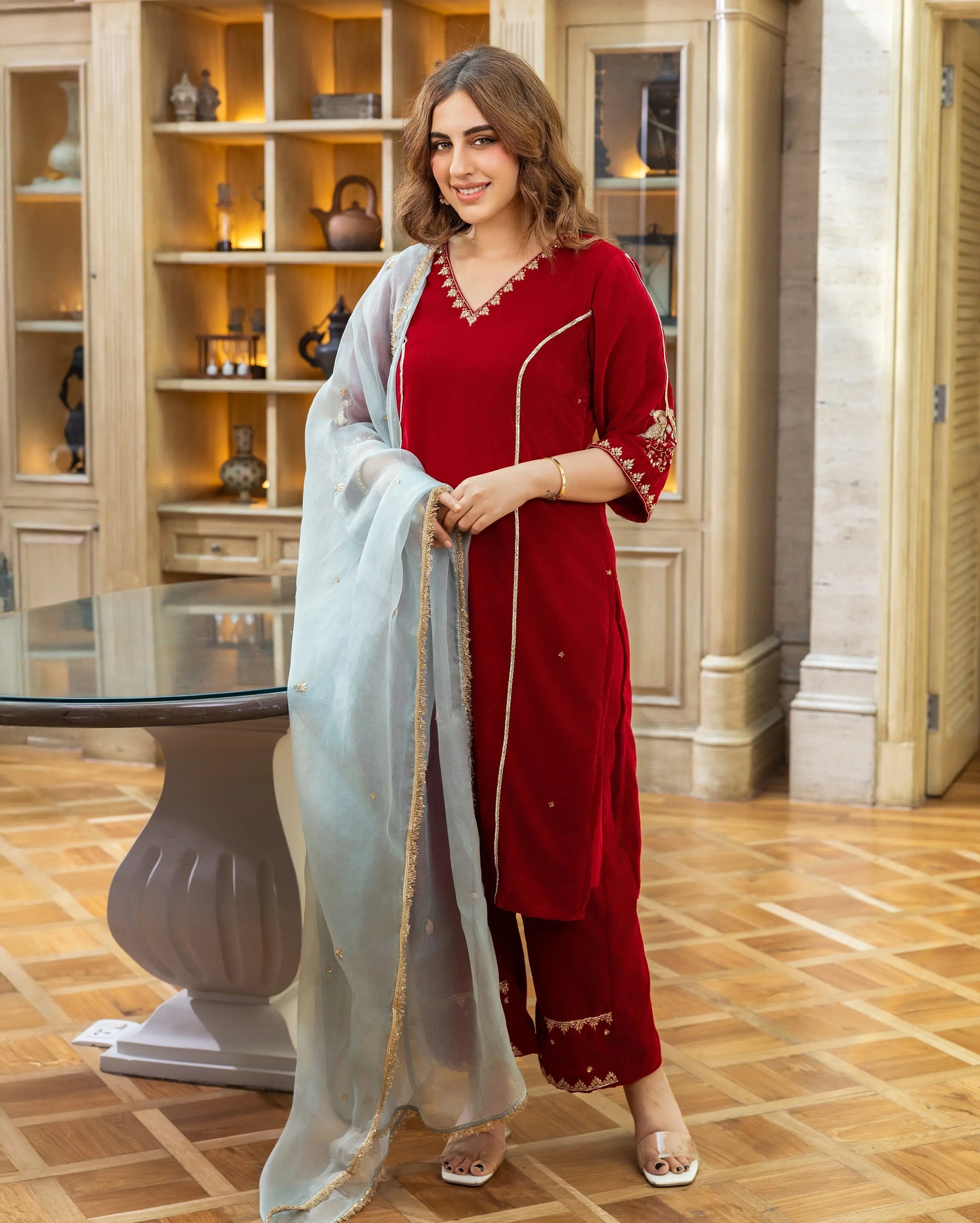 Jasper Red Embroidered Velvet Suit Set My Store