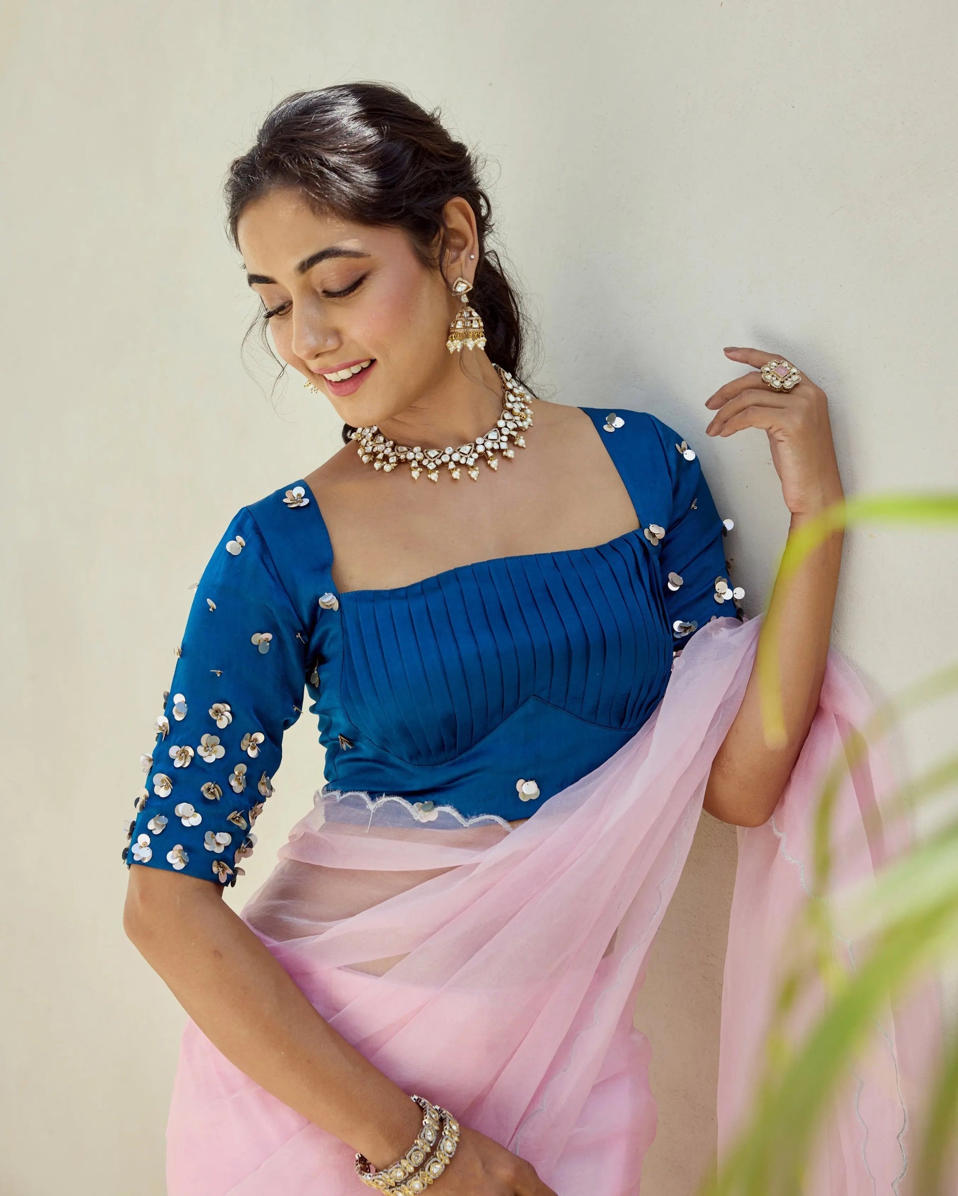 Midnight Blue Satin Embroidered Blouse My Store