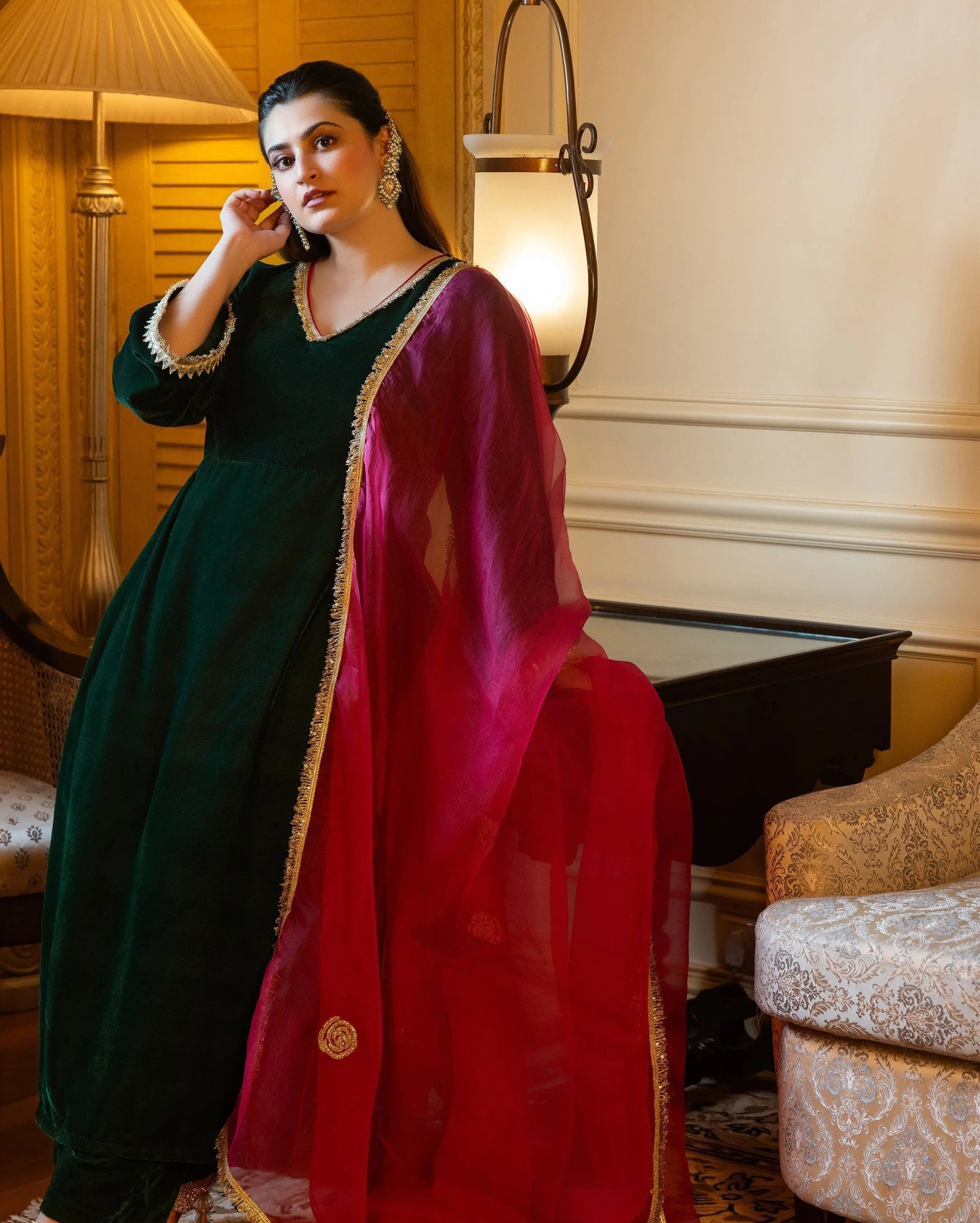 Nargis Green Solid Velvet Suit Set My Store