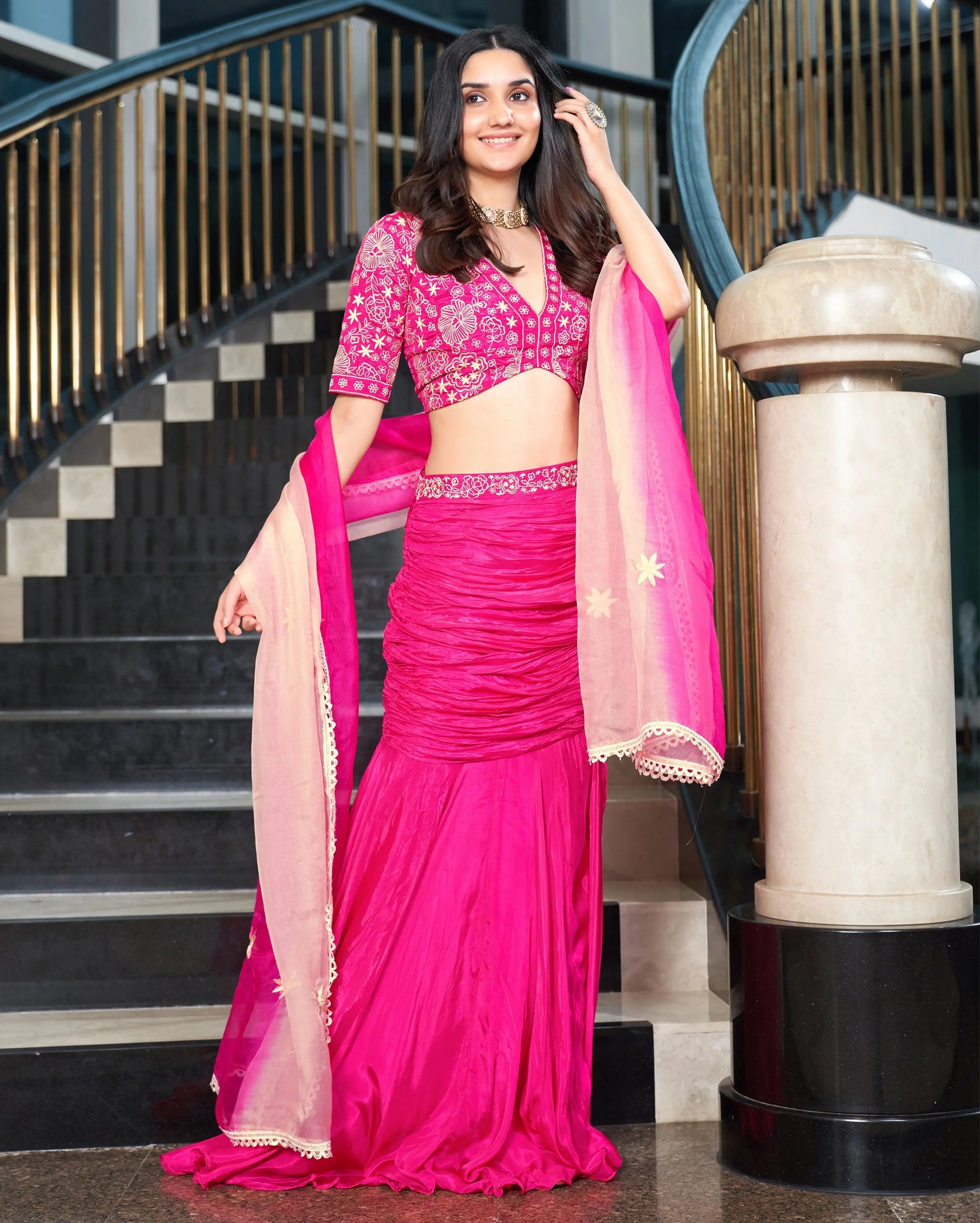 Razzle Pink Embroidered Tabby Silk Lehenga Set My Store