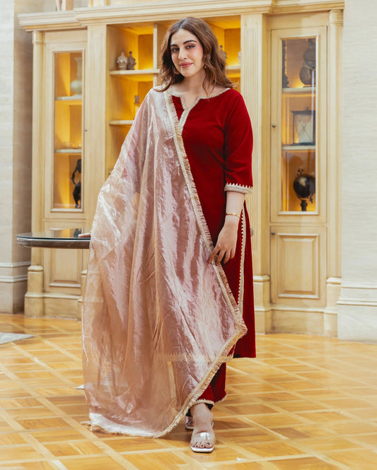 Raha Red Solid Velvet Suit Set My Store