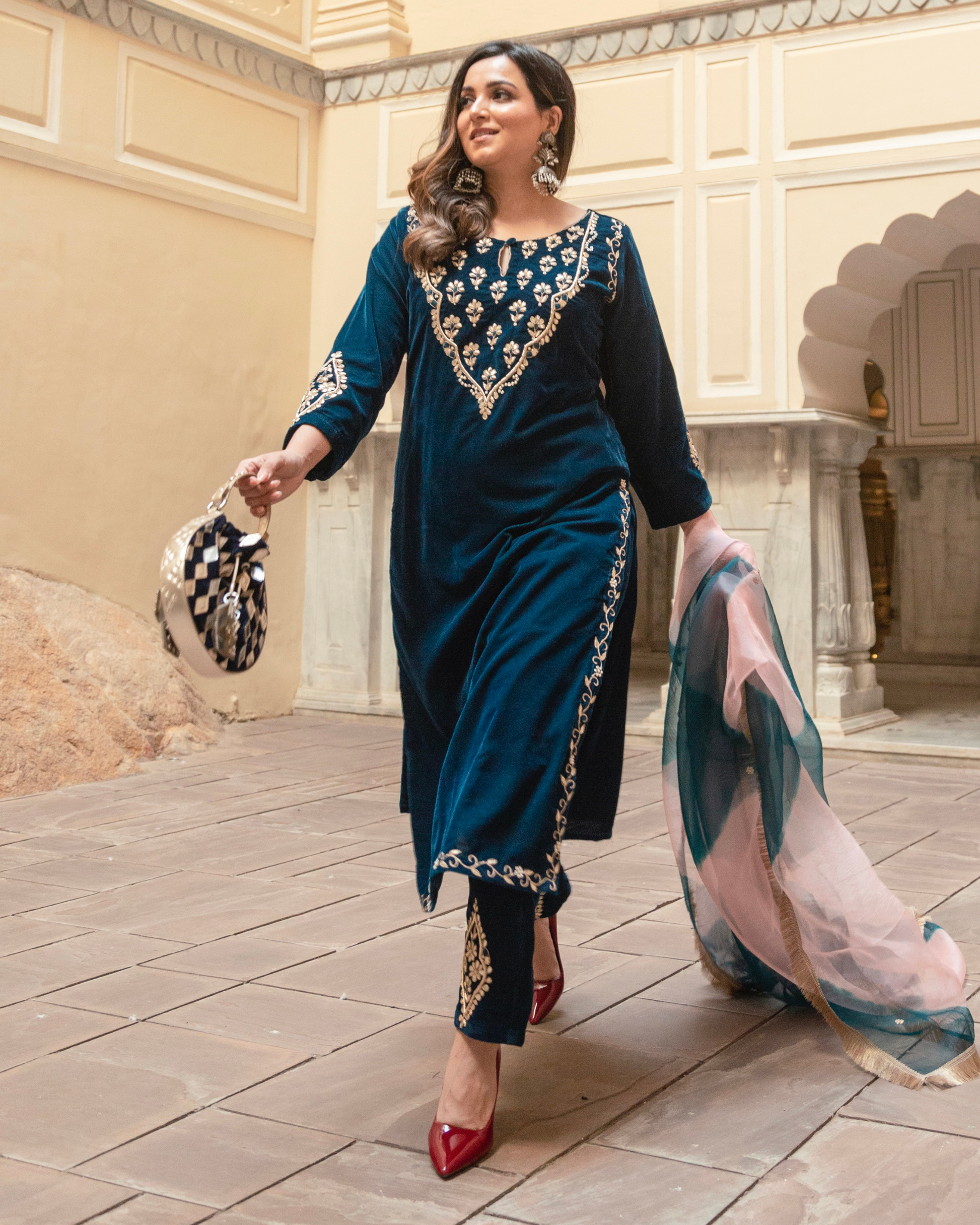 Vintage Blue Velvet Handcrafted Suit Set Quick Cart