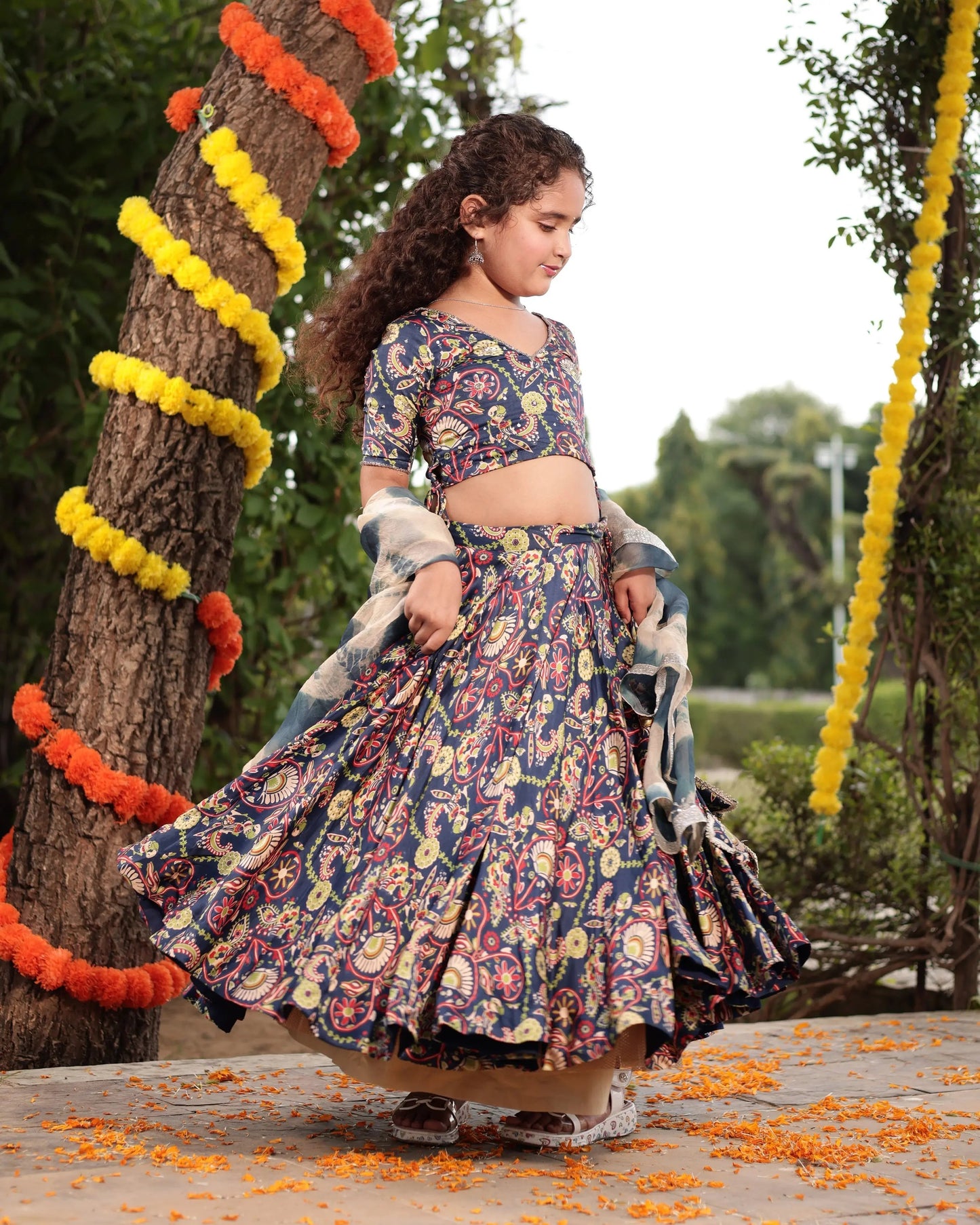 Taffy Blue Printed Embroidered Satin Lehenga Set My Store